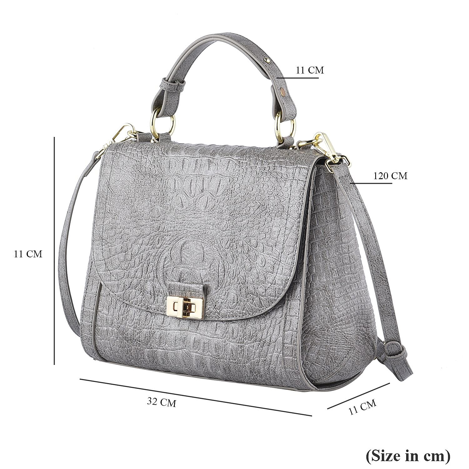 Black Friday Doorbuster -100% Genuine Leather Croc Embossed Convertible Bag with Detachable Long Strap - Grey