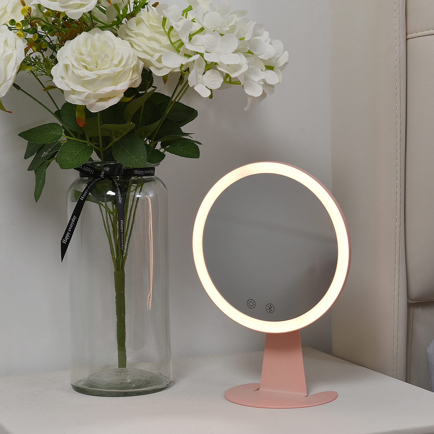 LED Makeup Mirror with Bluetooth Audio (Size 25x18x10 cm) - Pink