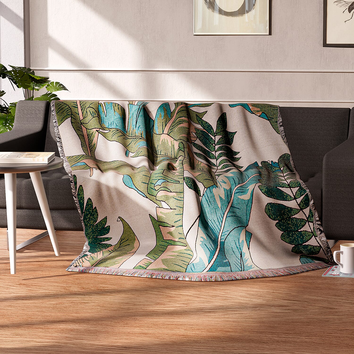 TLV - Cotton Jacquard Woven Tropical Leaf Print Throw with Fringes - Green
