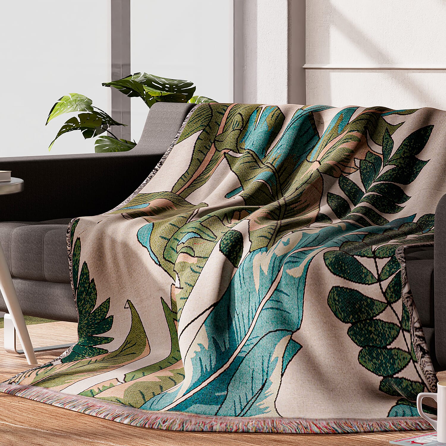 TLV - Cotton Jacquard Woven Tropical Leaf Print Throw with Fringes - Green