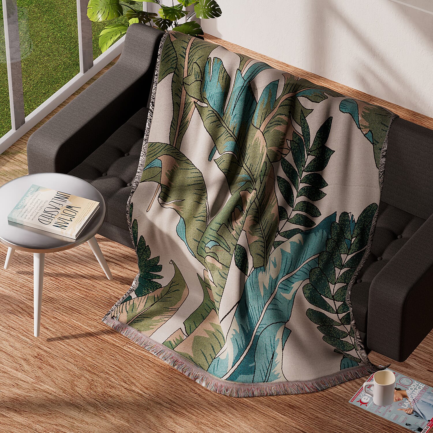 TLV - Cotton Jacquard Woven Tropical Leaf Print Throw with Fringes - Green