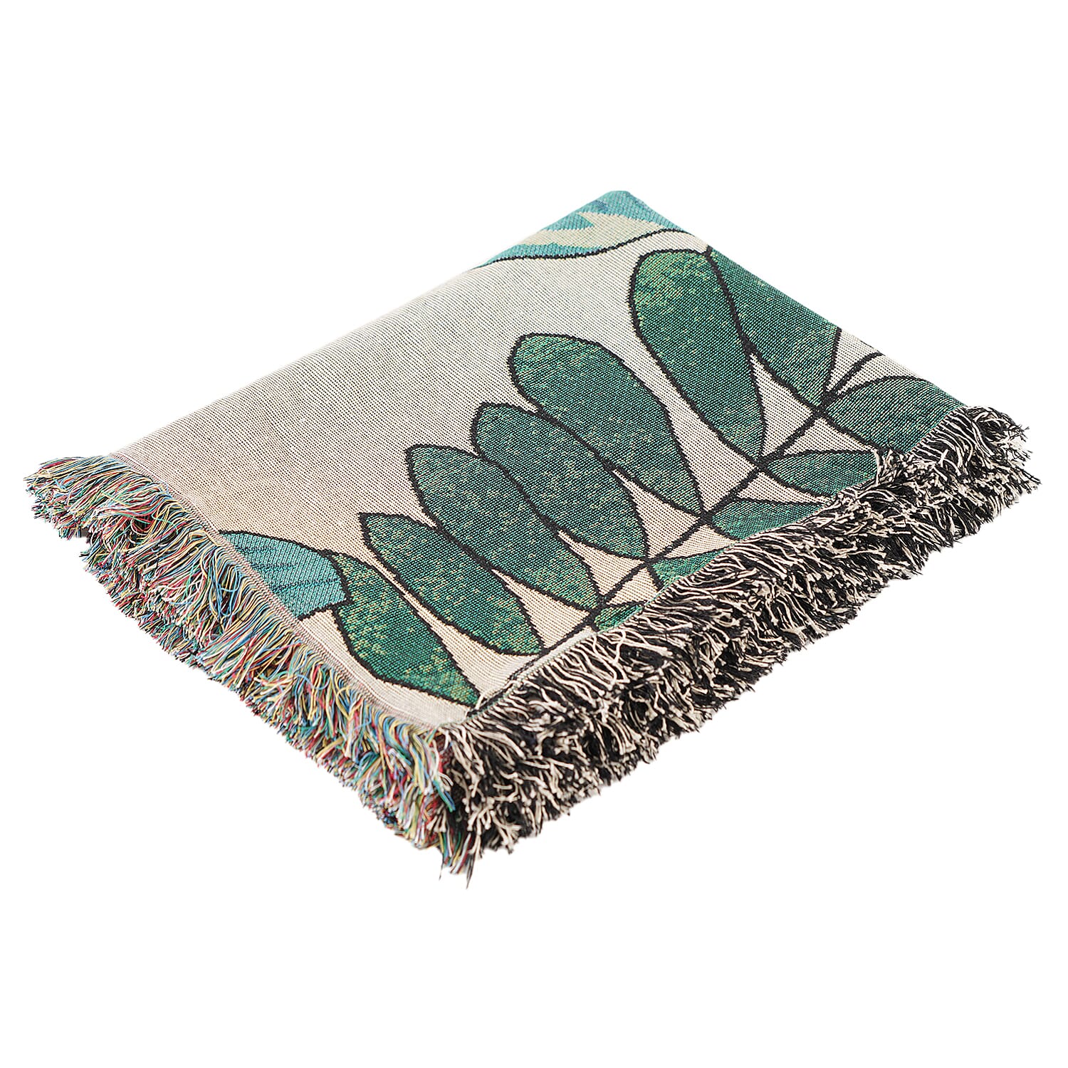 TLV - Cotton Jacquard Woven Tropical Leaf Print Throw with Fringes - Green