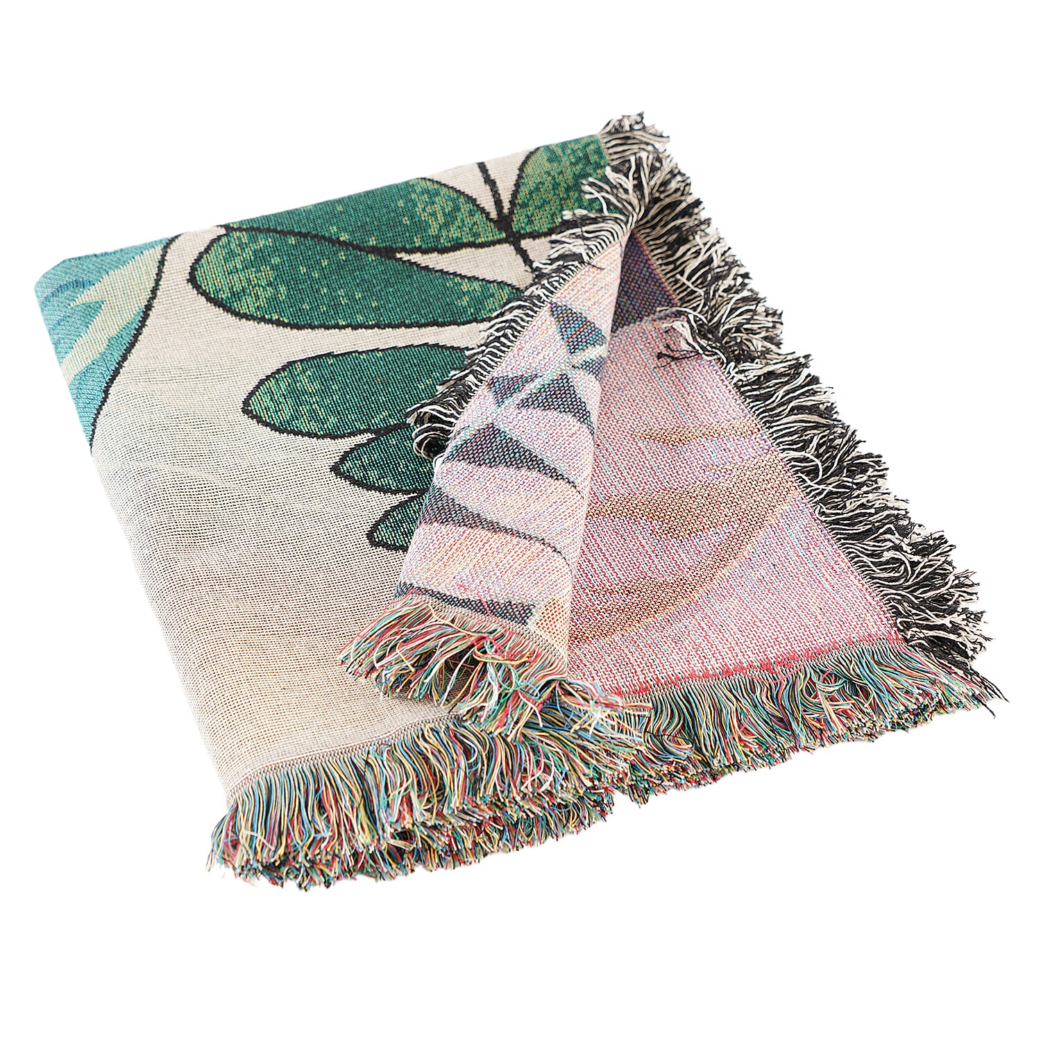 TLV - Cotton Jacquard Woven Tropical Leaf Print Throw with Fringes - Green