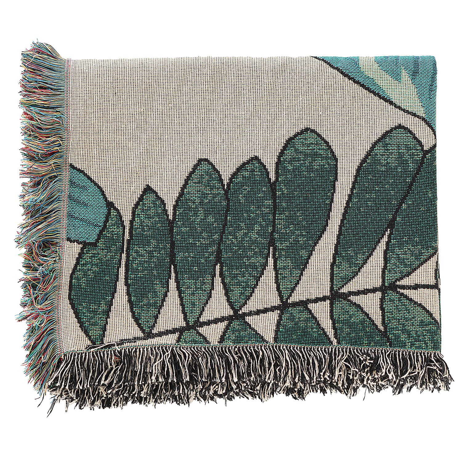 TLV - Cotton Jacquard Woven Tropical Leaf Print Throw with Fringes - Green