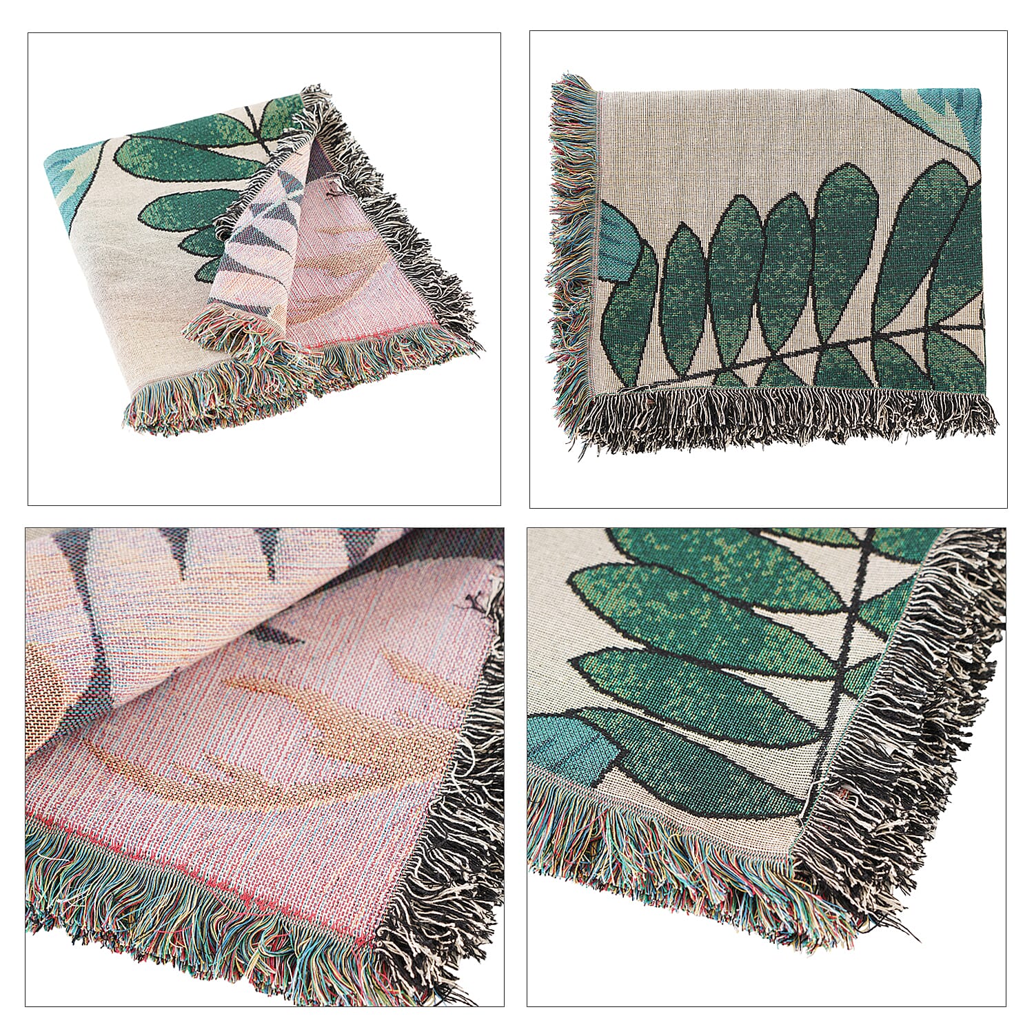TLV - Cotton Jacquard Woven Tropical Leaf Print Throw with Fringes - Green