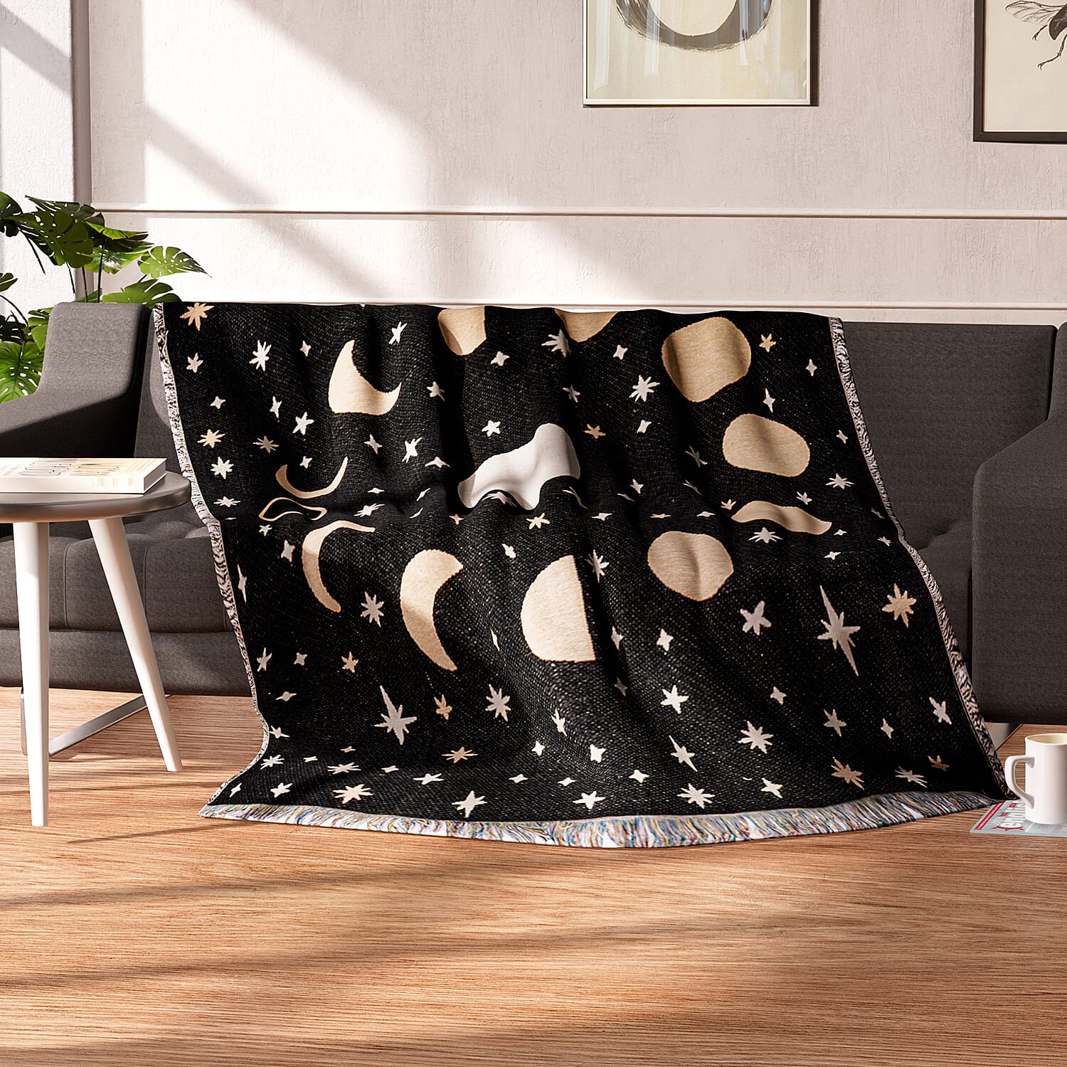 100% Cotton SOHO Design Jacquard Woven Moon Phase Print Throw with Fringes (Size 155x125 Cm) - Black