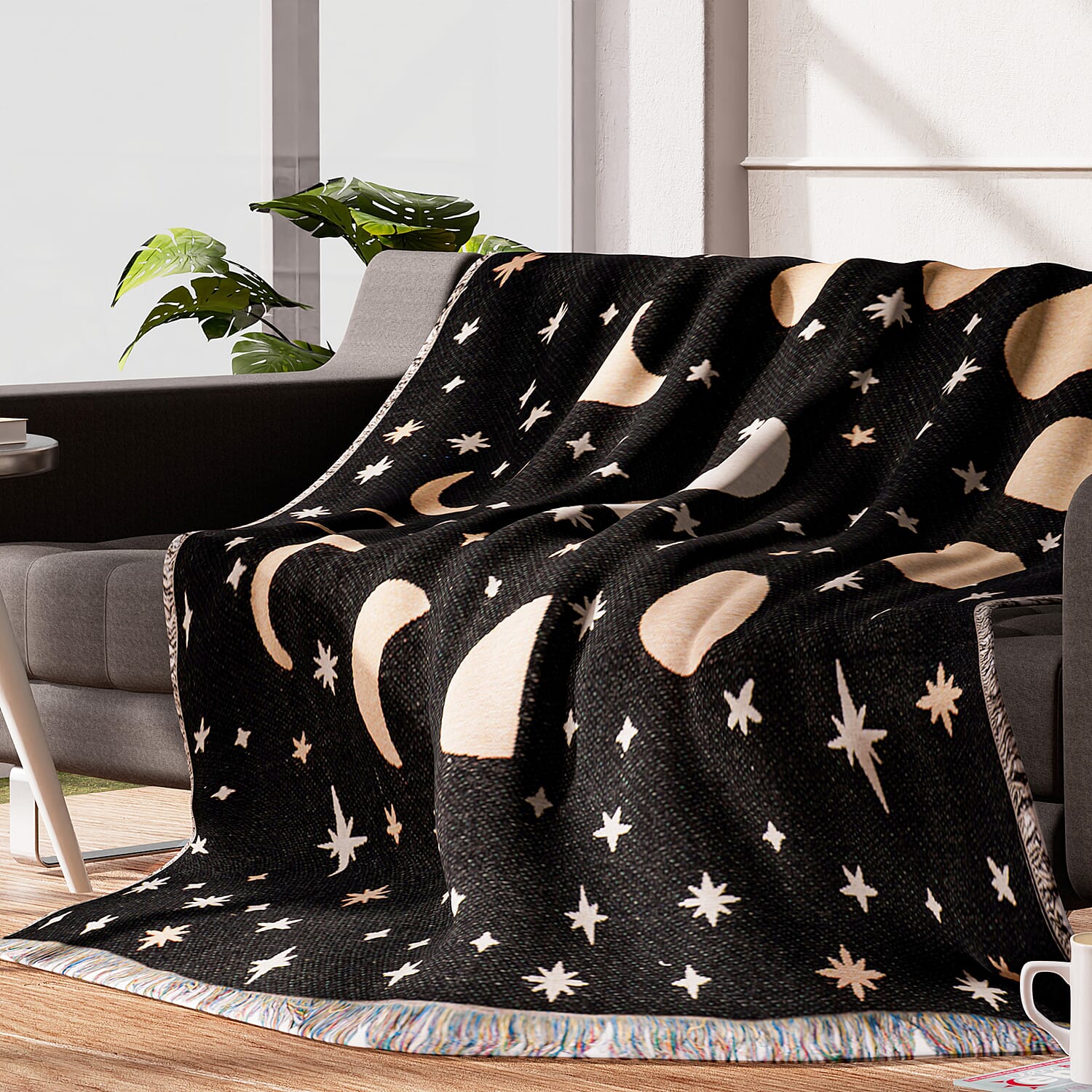 100% Cotton SOHO Design Jacquard Woven Moon Phase Print Throw with Fringes (Size 155x125 Cm) - Black