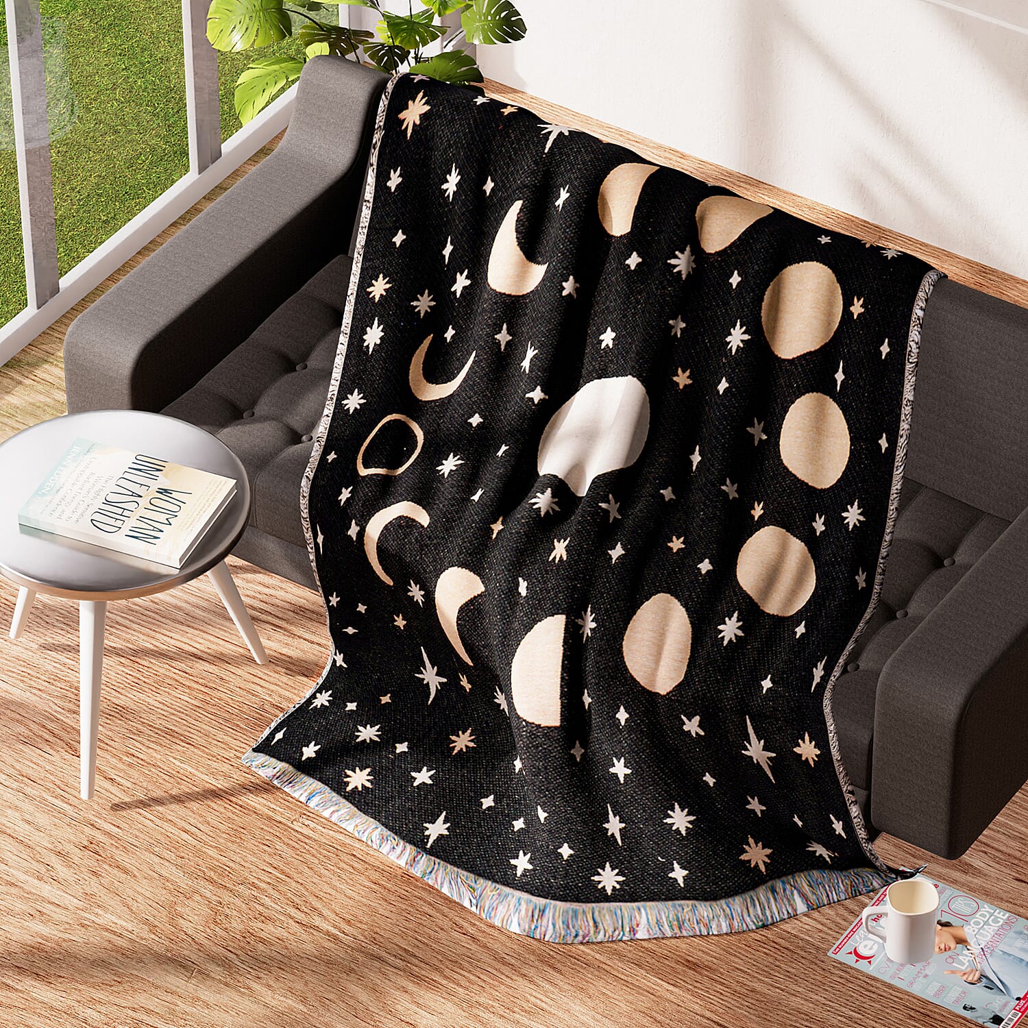 100% Cotton SOHO Design Jacquard Woven Moon Phase Print Throw with Fringes (Size 155x125 Cm) - Black