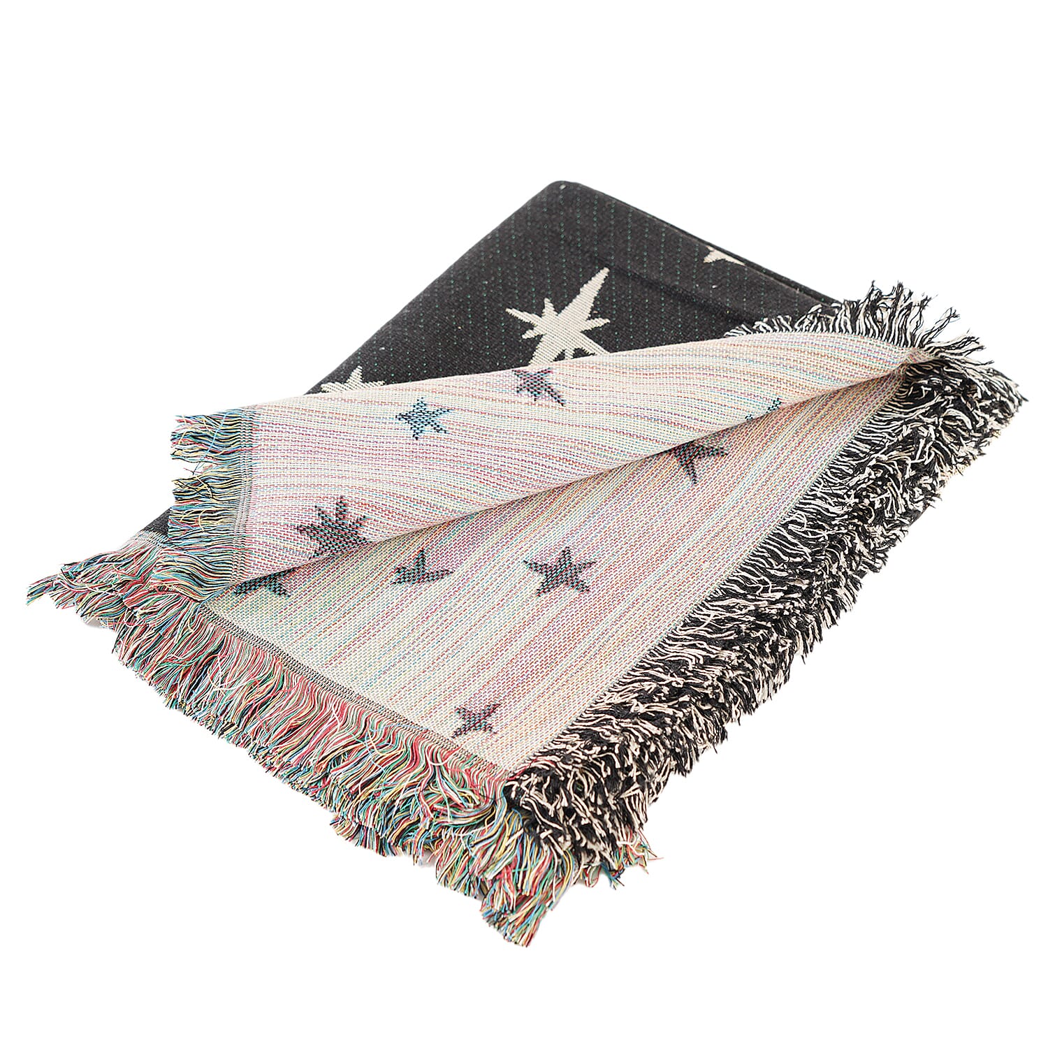 100% Cotton SOHO Design Jacquard Woven Moon Phase Print Throw with Fringes (Size 155x125 Cm) - Black