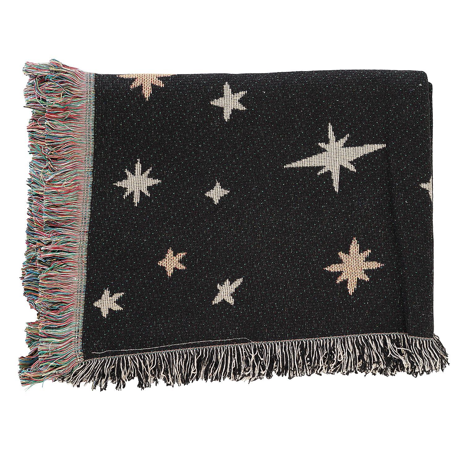 100% Cotton SOHO Design Jacquard Woven Moon Phase Print Throw with Fringes (Size 155x125 Cm) - Black