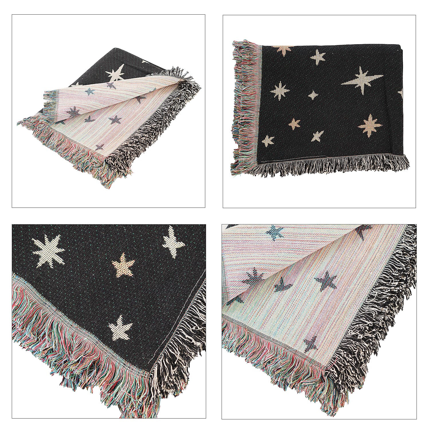 100% Cotton SOHO Design Jacquard Woven Moon Phase Print Throw with Fringes (Size 155x125 Cm) - Black