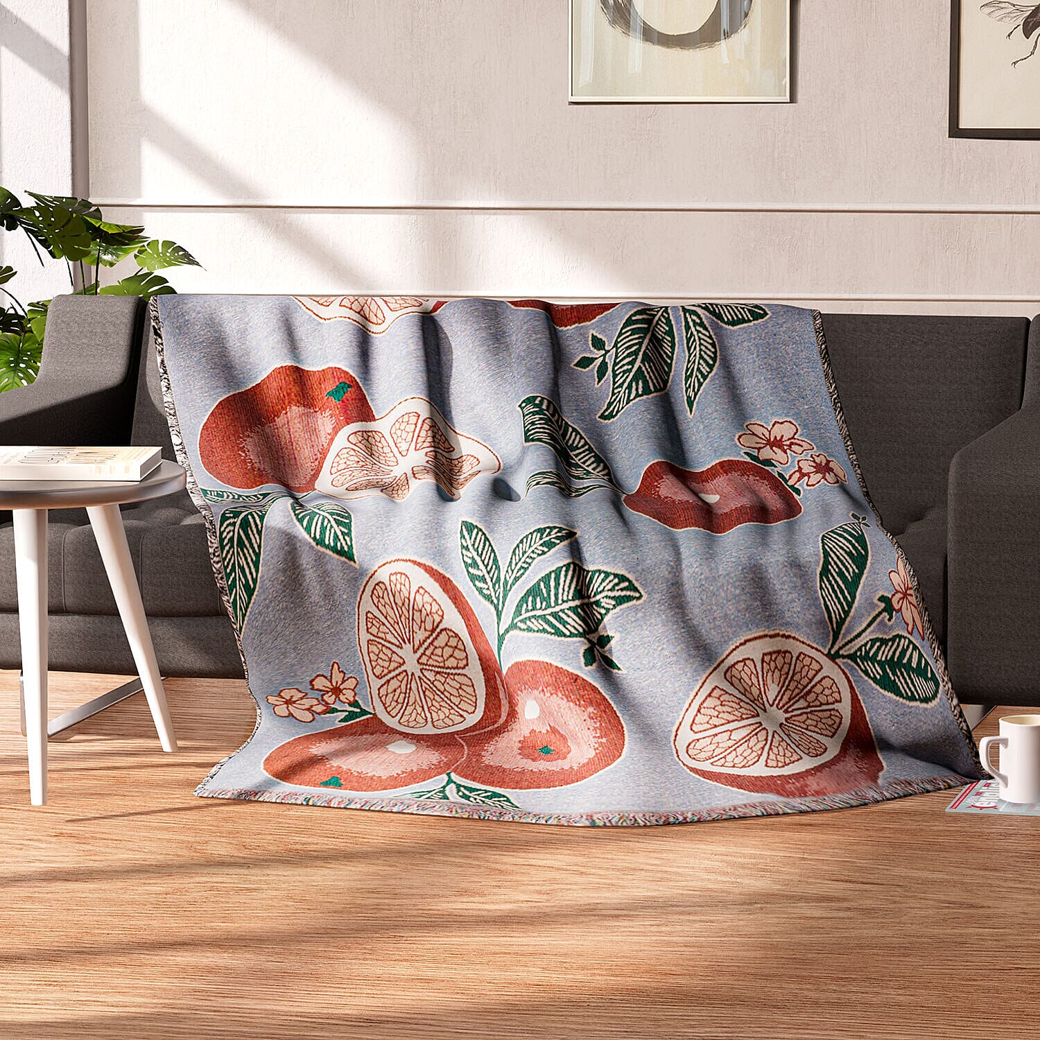 100% Cotton SOHO Design Jacquard Woven Citrus Fruit Print Throw with Fringes (Size 155x125 Cm) - Blue & Orange