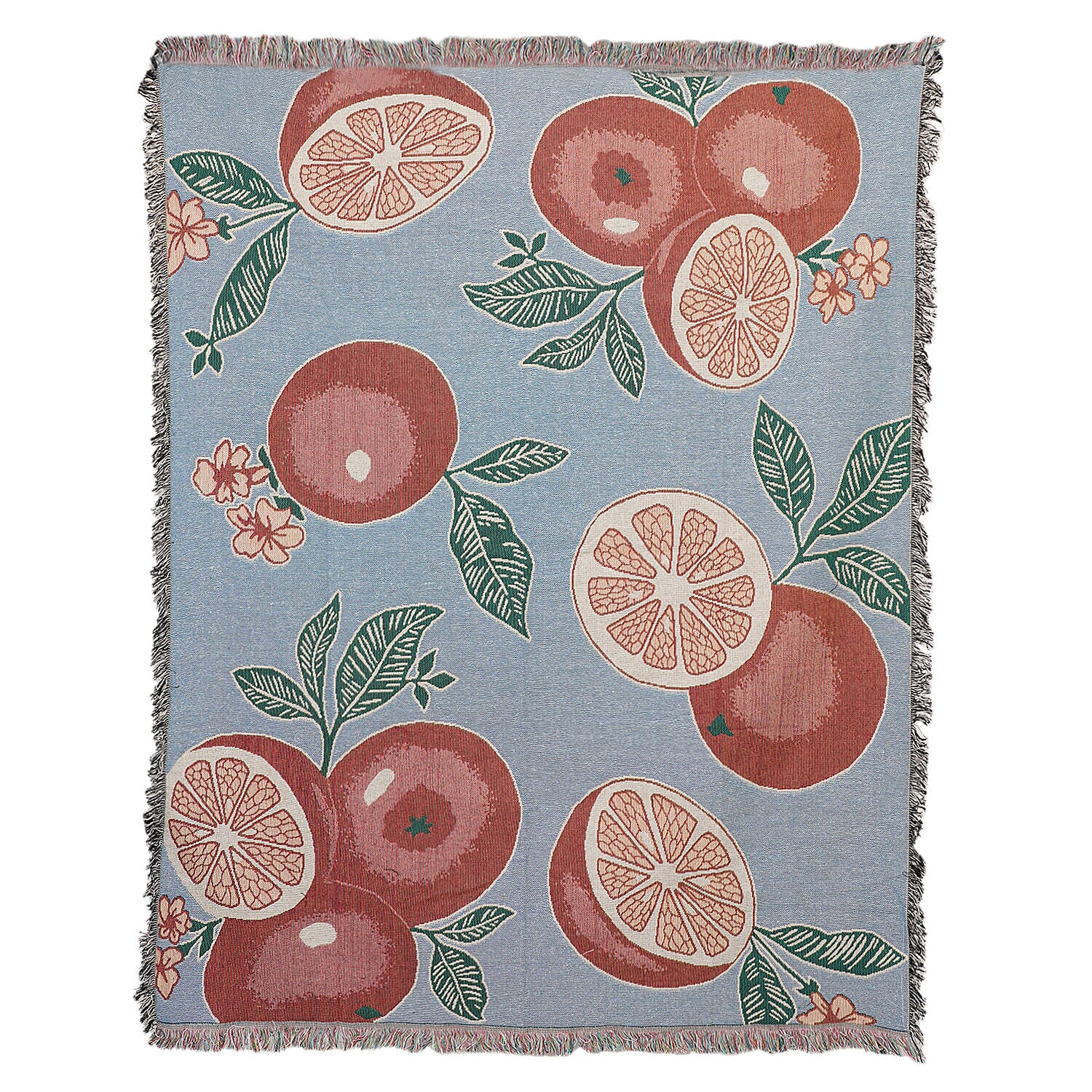 100% Cotton SOHO Design Jacquard Woven Citrus Fruit Print Throw with Fringes (Size 155x125 Cm) - Blue & Orange