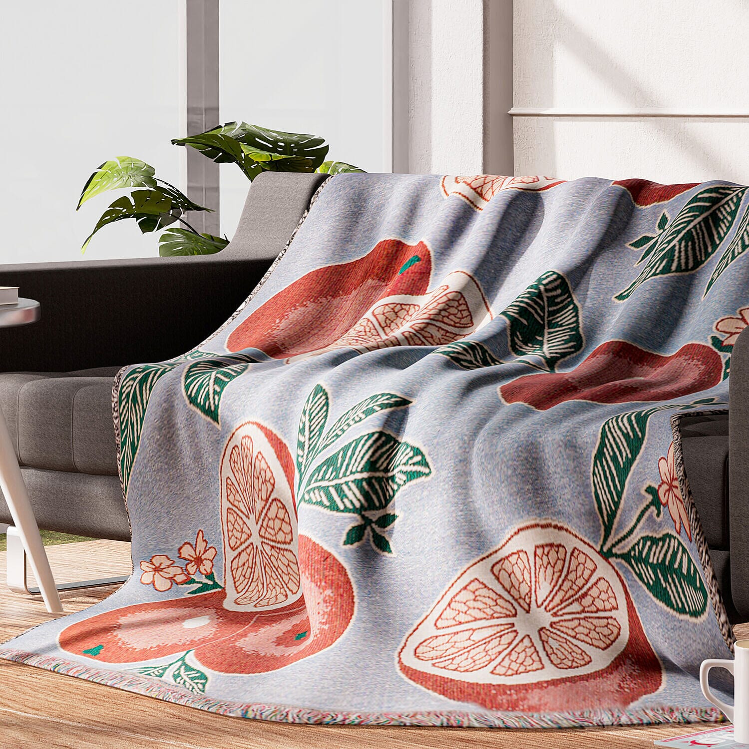 100% Cotton SOHO Design Jacquard Woven Citrus Fruit Print Throw with Fringes (Size 155x125 Cm) - Blue & Orange