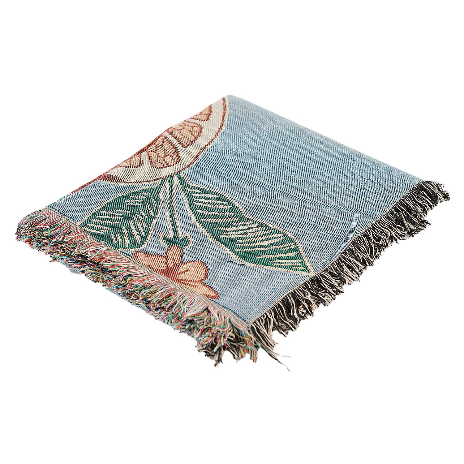 100% Cotton SOHO Design Jacquard Woven Citrus Fruit Print Throw with Fringes (Size 155x125 Cm) - Blue & Orange