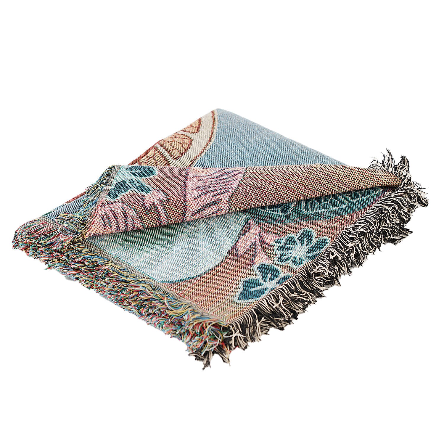 100% Cotton SOHO Design Jacquard Woven Citrus Fruit Print Throw with Fringes (Size 155x125 Cm) - Blue & Orange