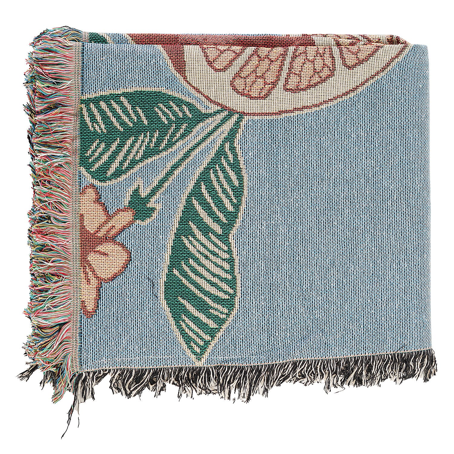 100% Cotton SOHO Design Jacquard Woven Citrus Fruit Print Throw with Fringes (Size 155x125 Cm) - Blue & Orange