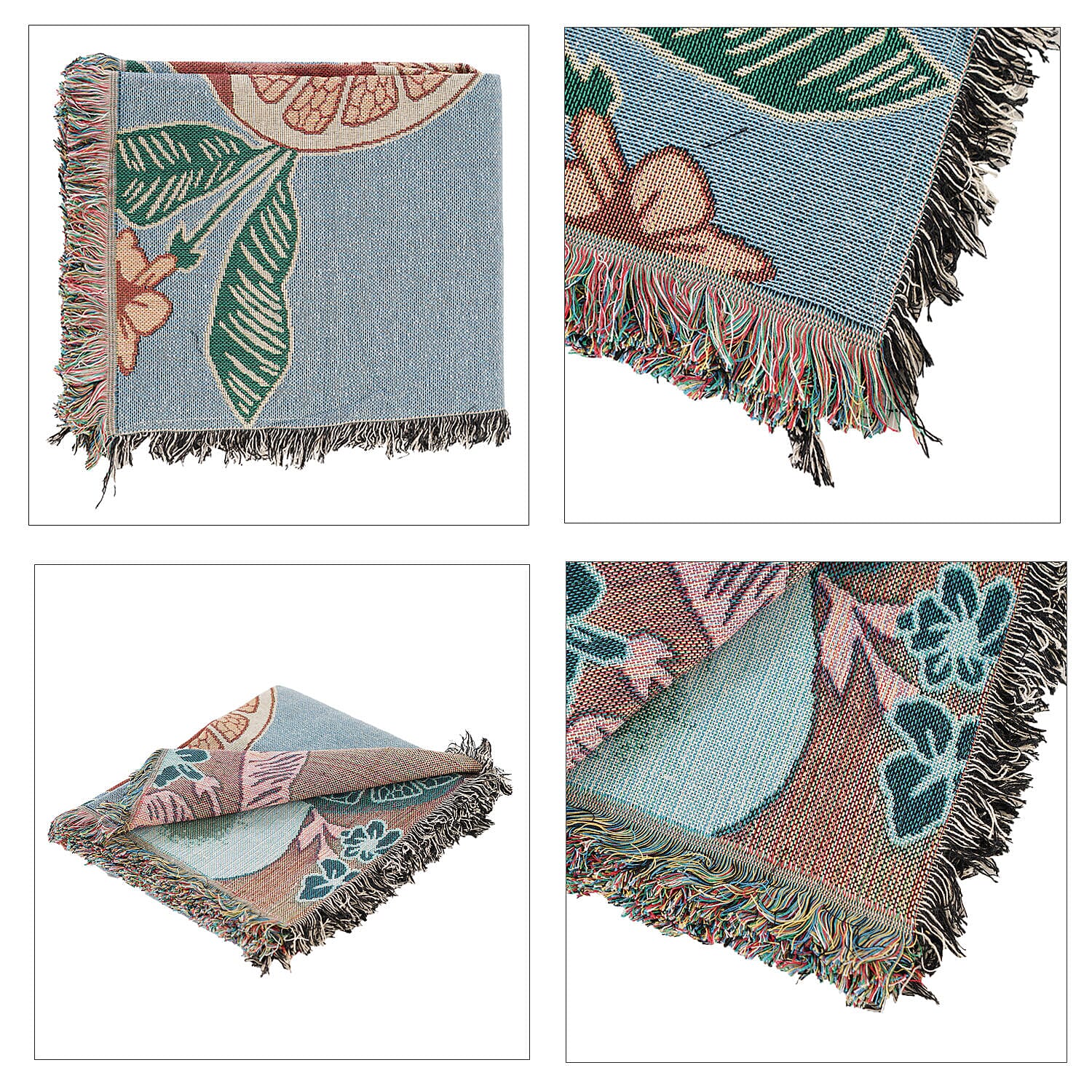 100% Cotton SOHO Design Jacquard Woven Citrus Fruit Print Throw with Fringes (Size 155x125 Cm) - Blue & Orange