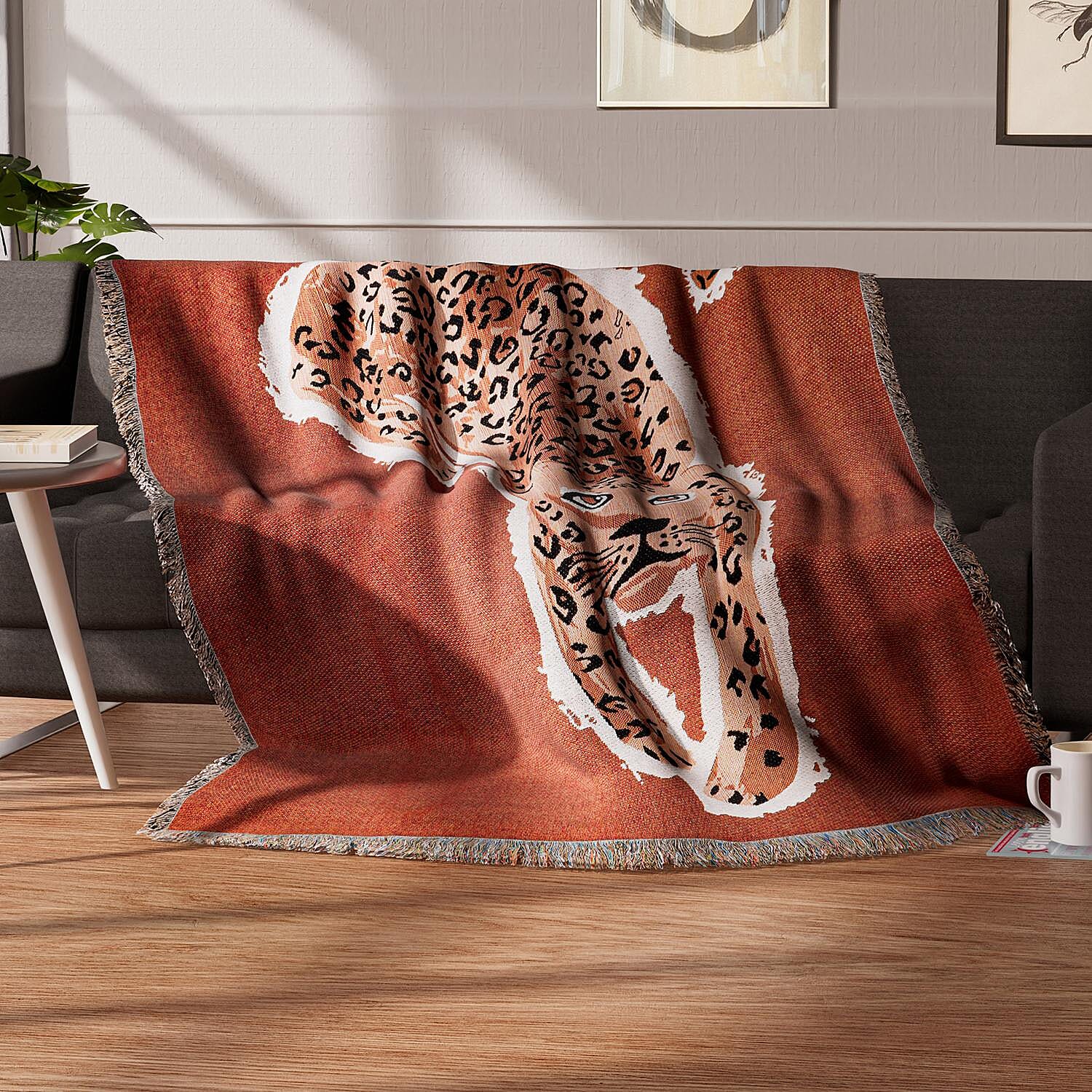 100% Cotton SOHO Design Jacquard Leopard Pattern Woven Throw with Fringes (Size 152x127 Cm) - Rust