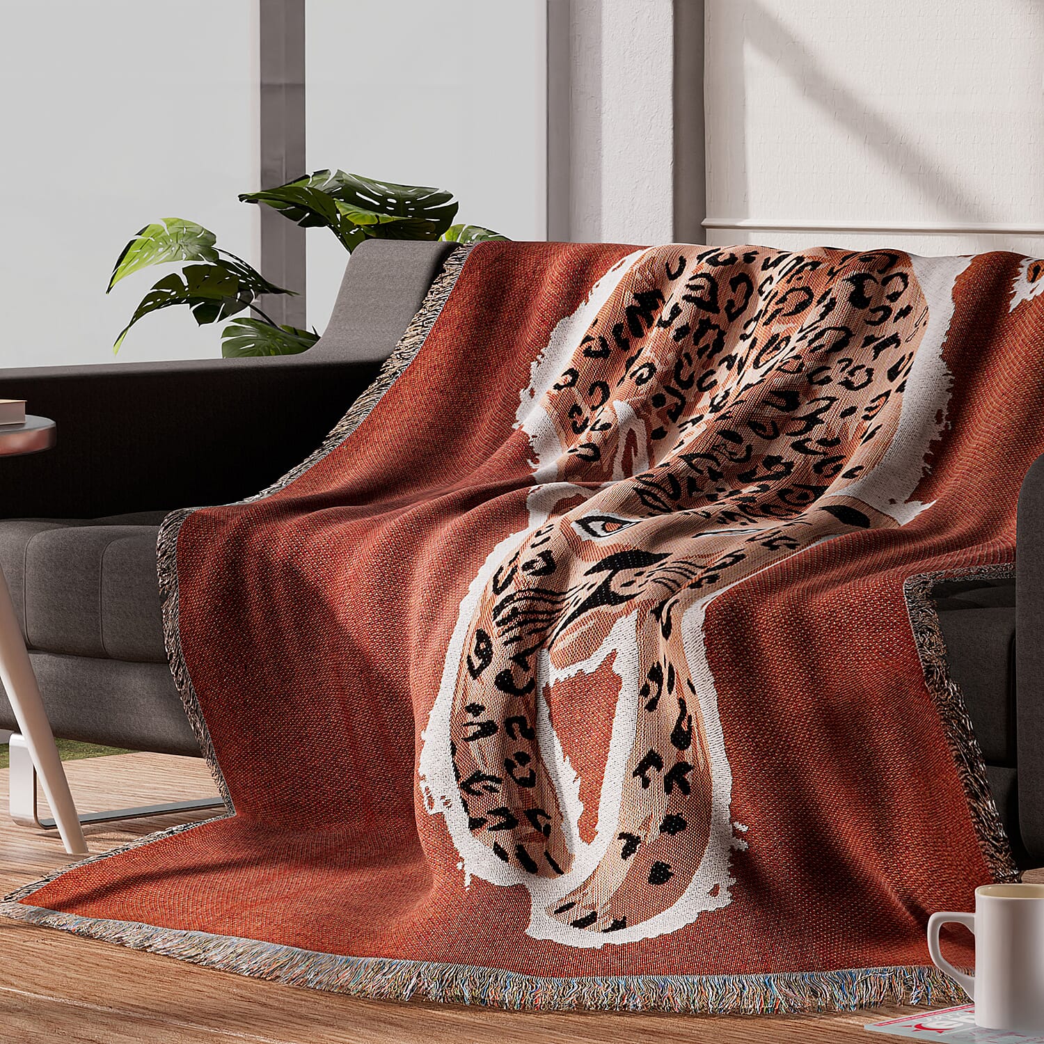 100% Cotton SOHO Design Jacquard Leopard Pattern Woven Throw with Fringes (Size 152x127 Cm) - Rust