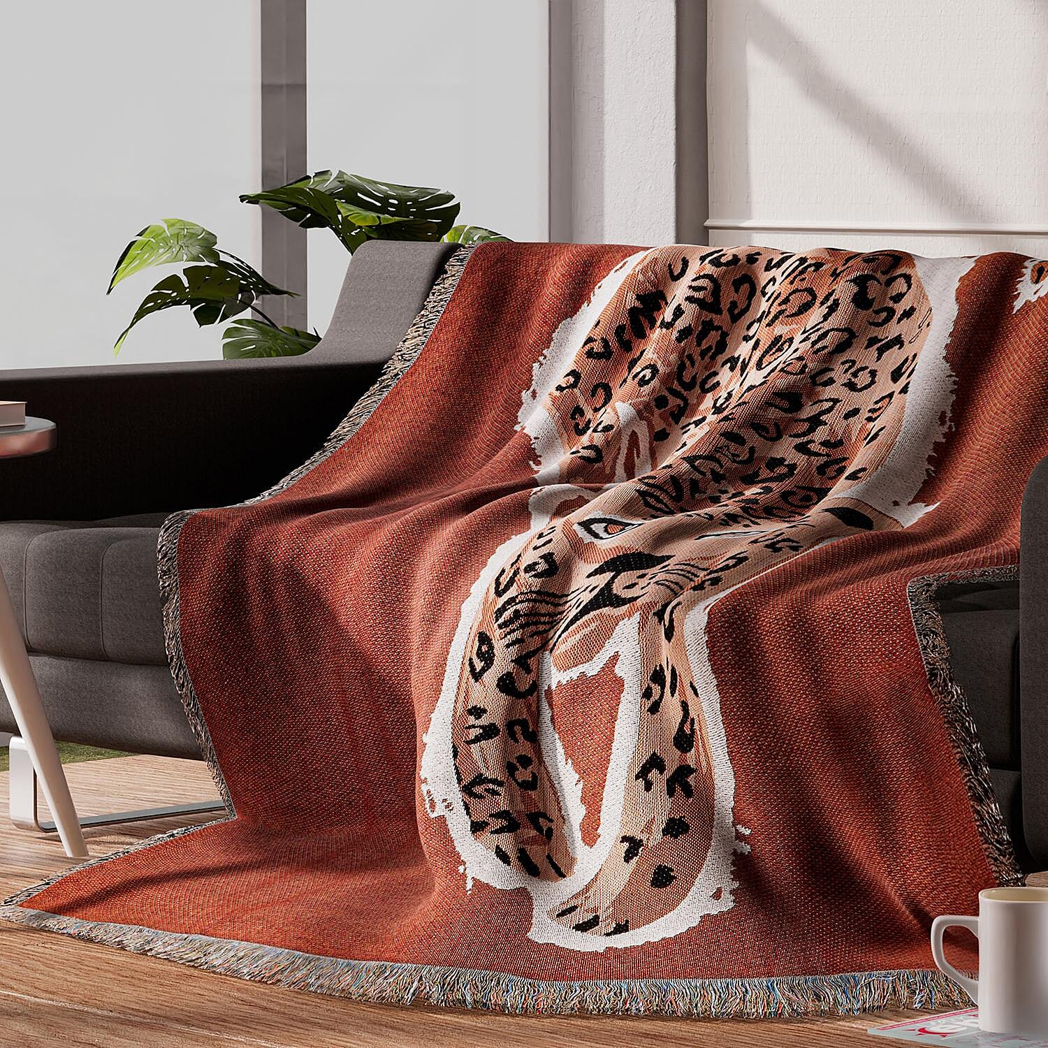 100% Cotton SOHO Design Jacquard Leopard Pattern Woven Throw with Fringes (Size 152x127 Cm) - Rust