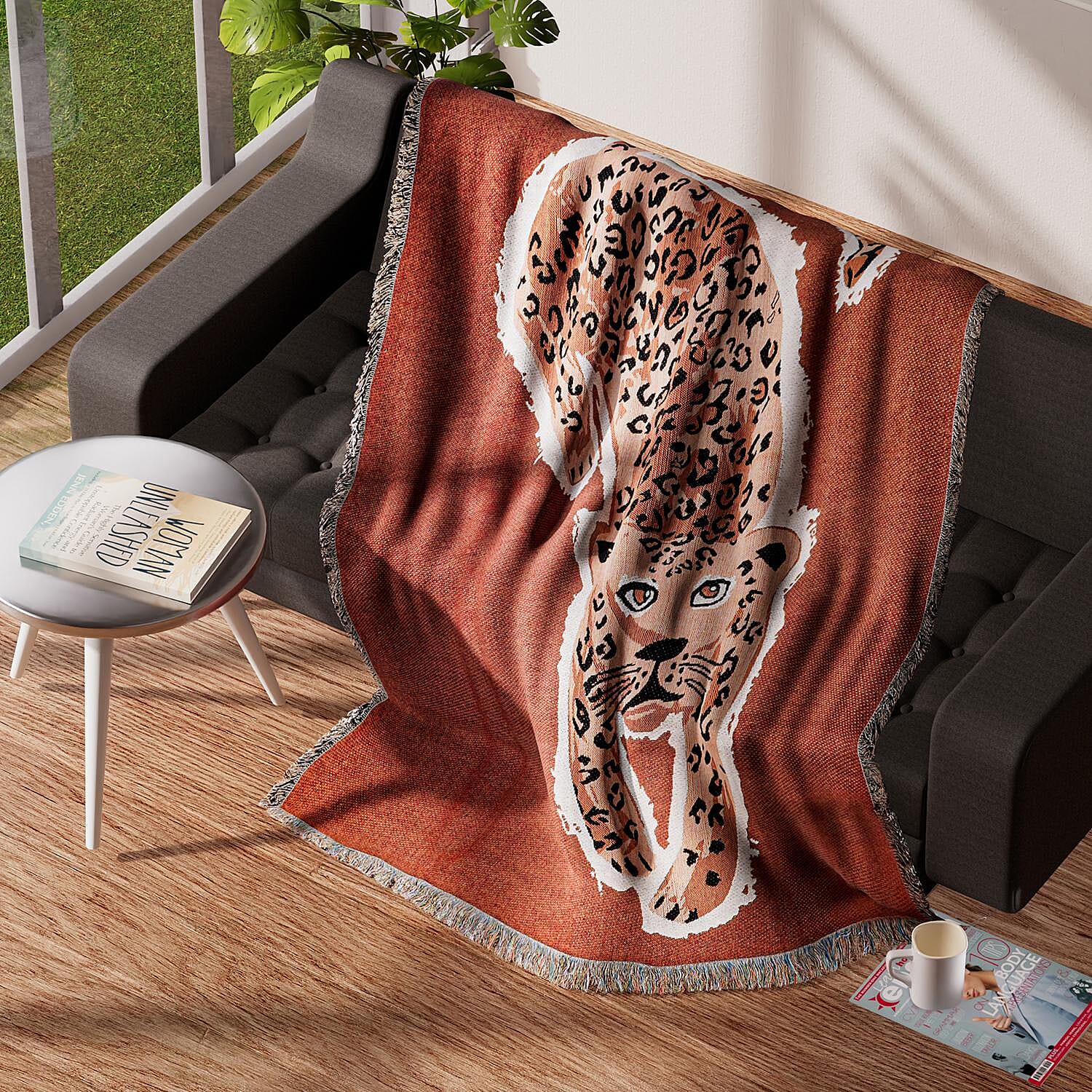 100% Cotton SOHO Design Jacquard Leopard Pattern Woven Throw with Fringes (Size 152x127 Cm) - Rust