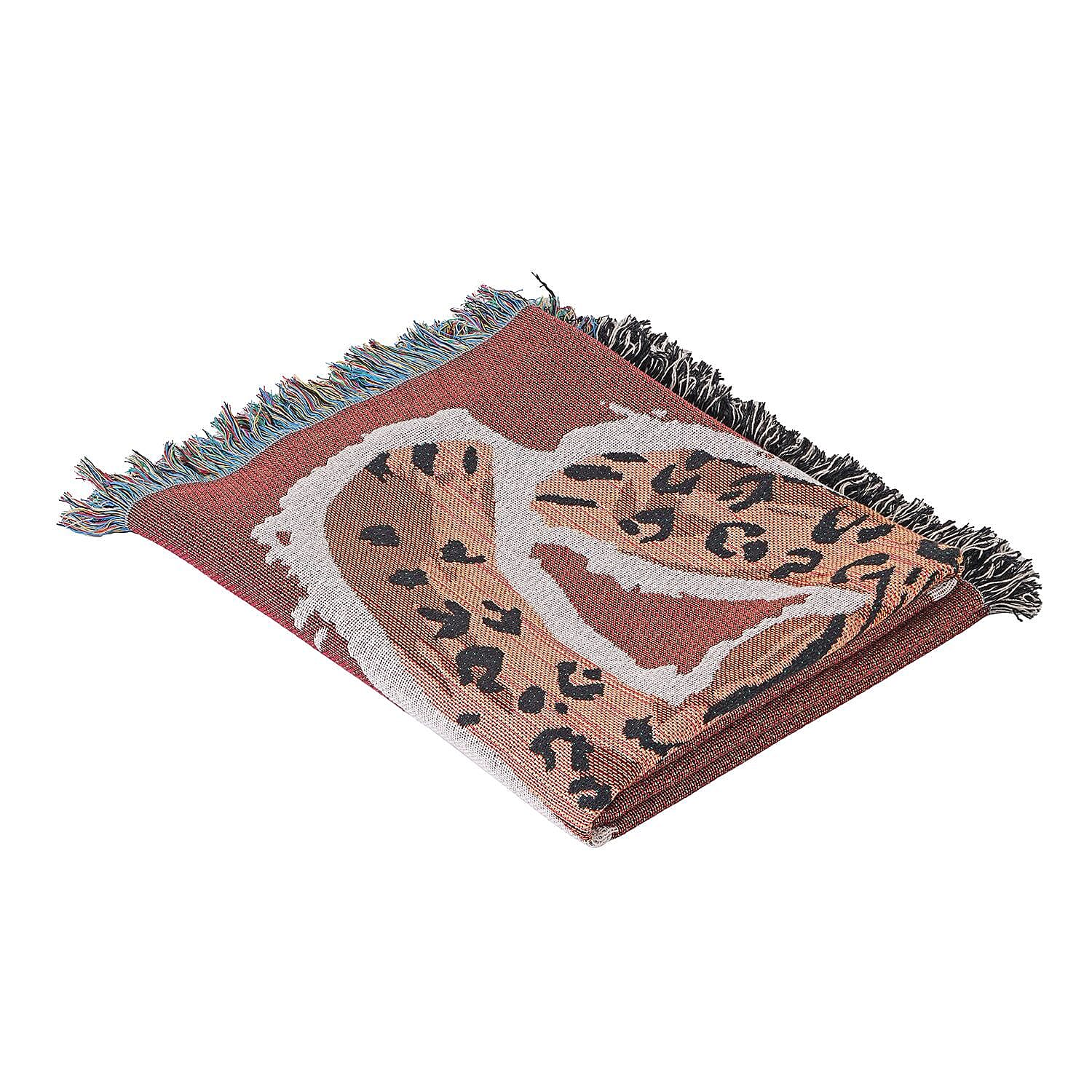 100% Cotton SOHO Design Jacquard Leopard Pattern Woven Throw with Fringes (Size 152x127 Cm) - Rust
