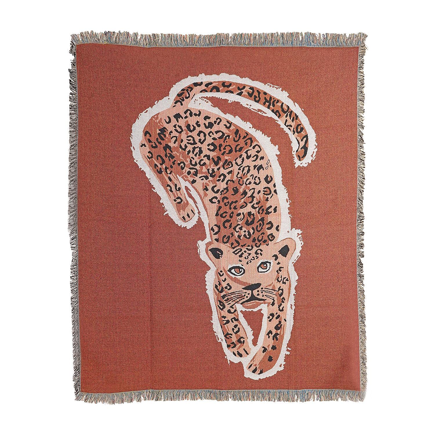 100% Cotton SOHO Design Jacquard Leopard Pattern Woven Throw with Fringes (Size 152x127 Cm) - Rust