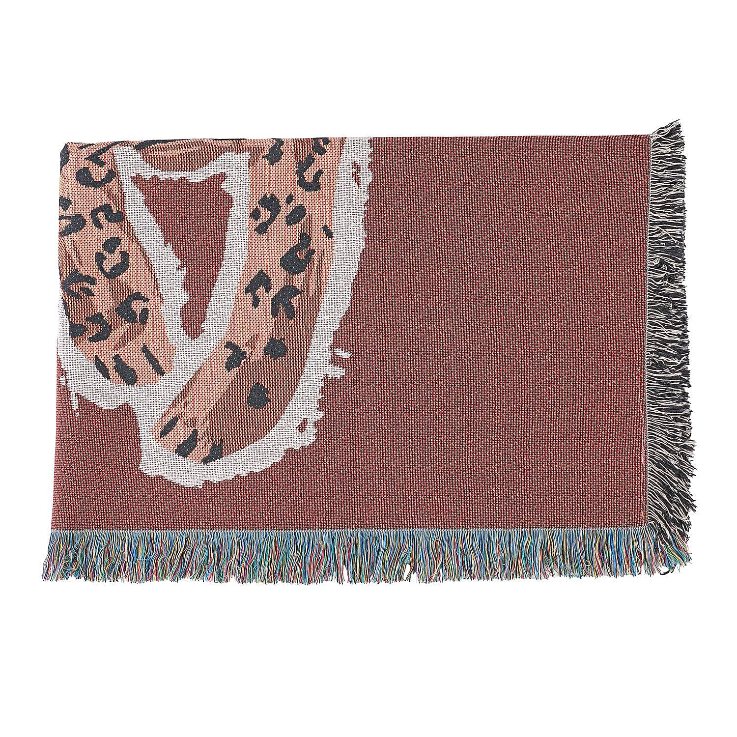 100% Cotton SOHO Design Jacquard Leopard Pattern Woven Throw with Fringes (Size 152x127 Cm) - Rust