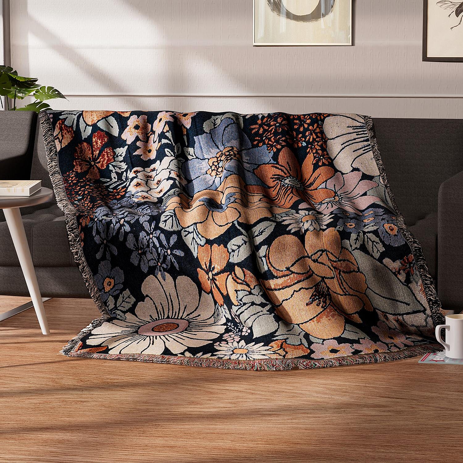 100% Cotton SOHO Design Jacquard Floral Pattern Woven Throw with Fringes (Size 152x127 Cm) - Multi