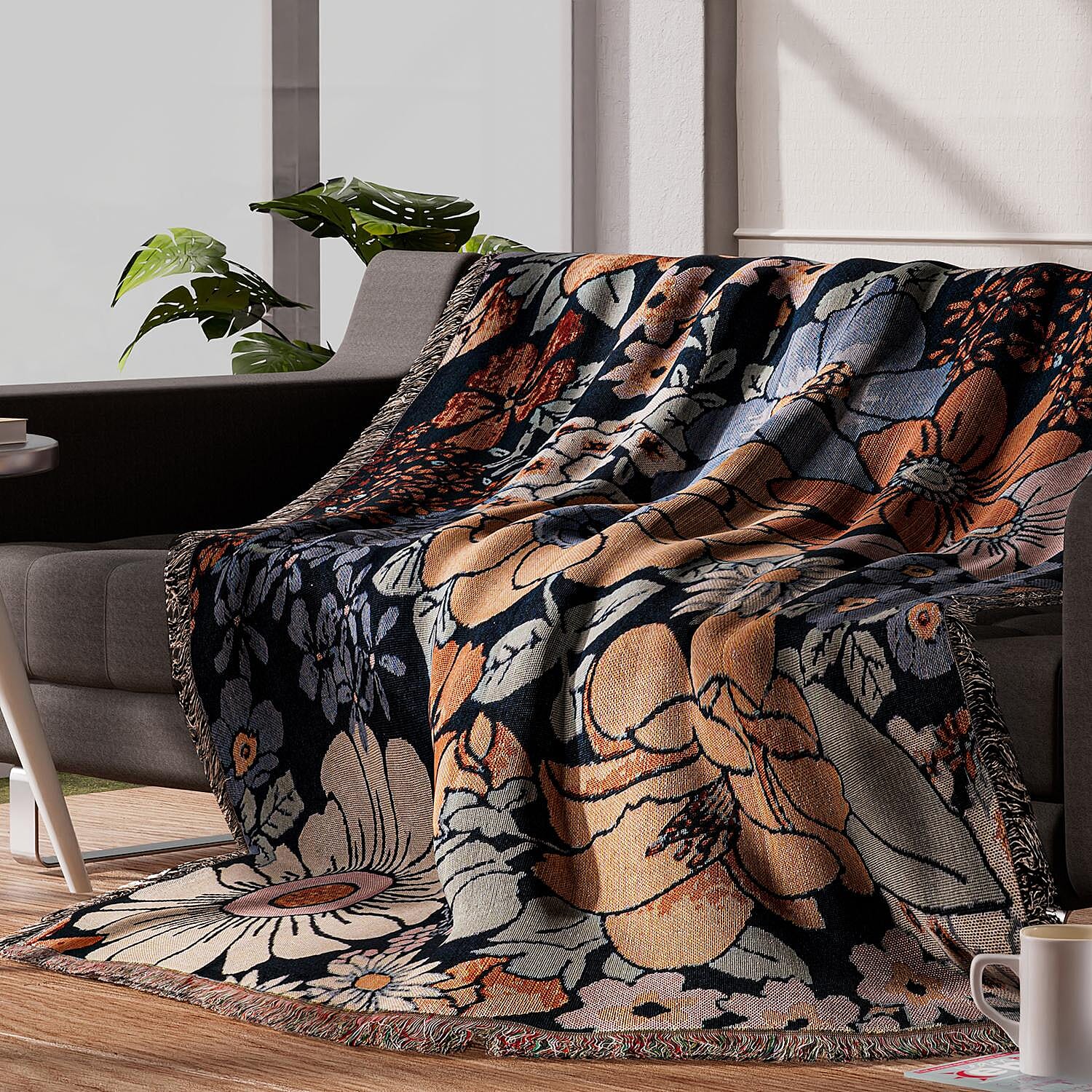 100% Cotton SOHO Design Jacquard Floral Pattern Woven Throw with Fringes (Size 152x127 Cm) - Multi