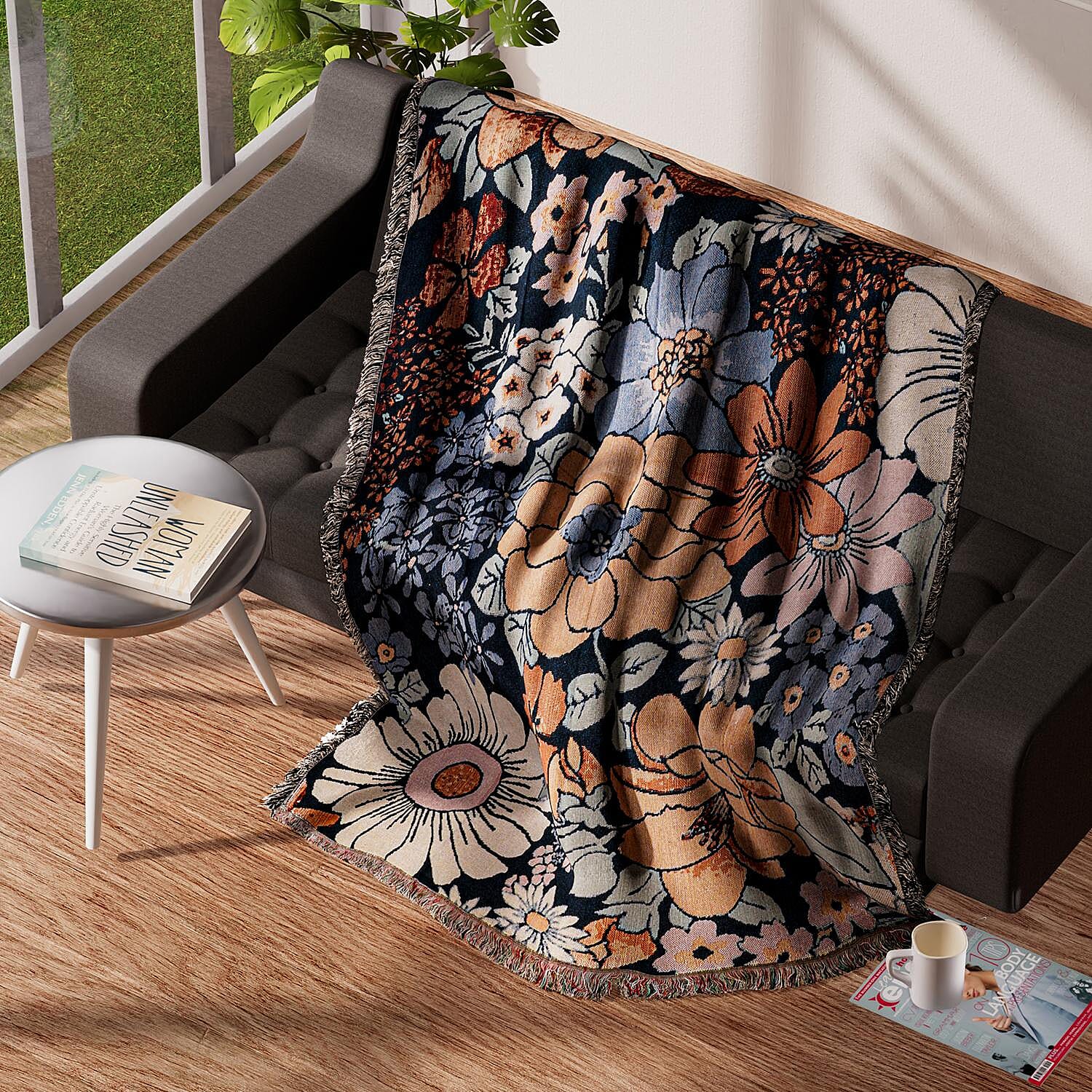 100% Cotton SOHO Design Jacquard Floral Pattern Woven Throw with Fringes (Size 152x127 Cm) - Multi