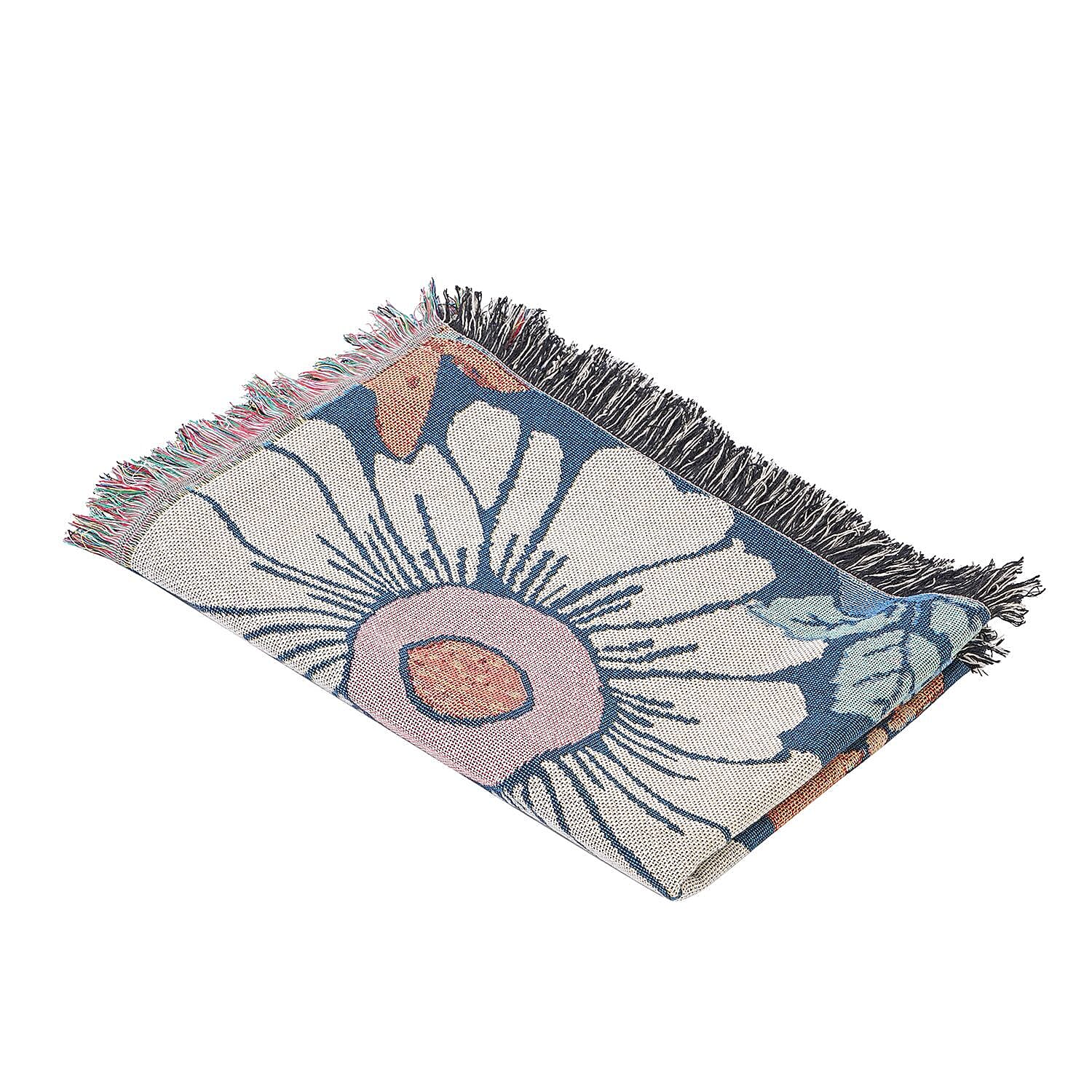 100% Cotton SOHO Design Jacquard Floral Pattern Woven Throw with Fringes (Size 152x127 Cm) - Multi
