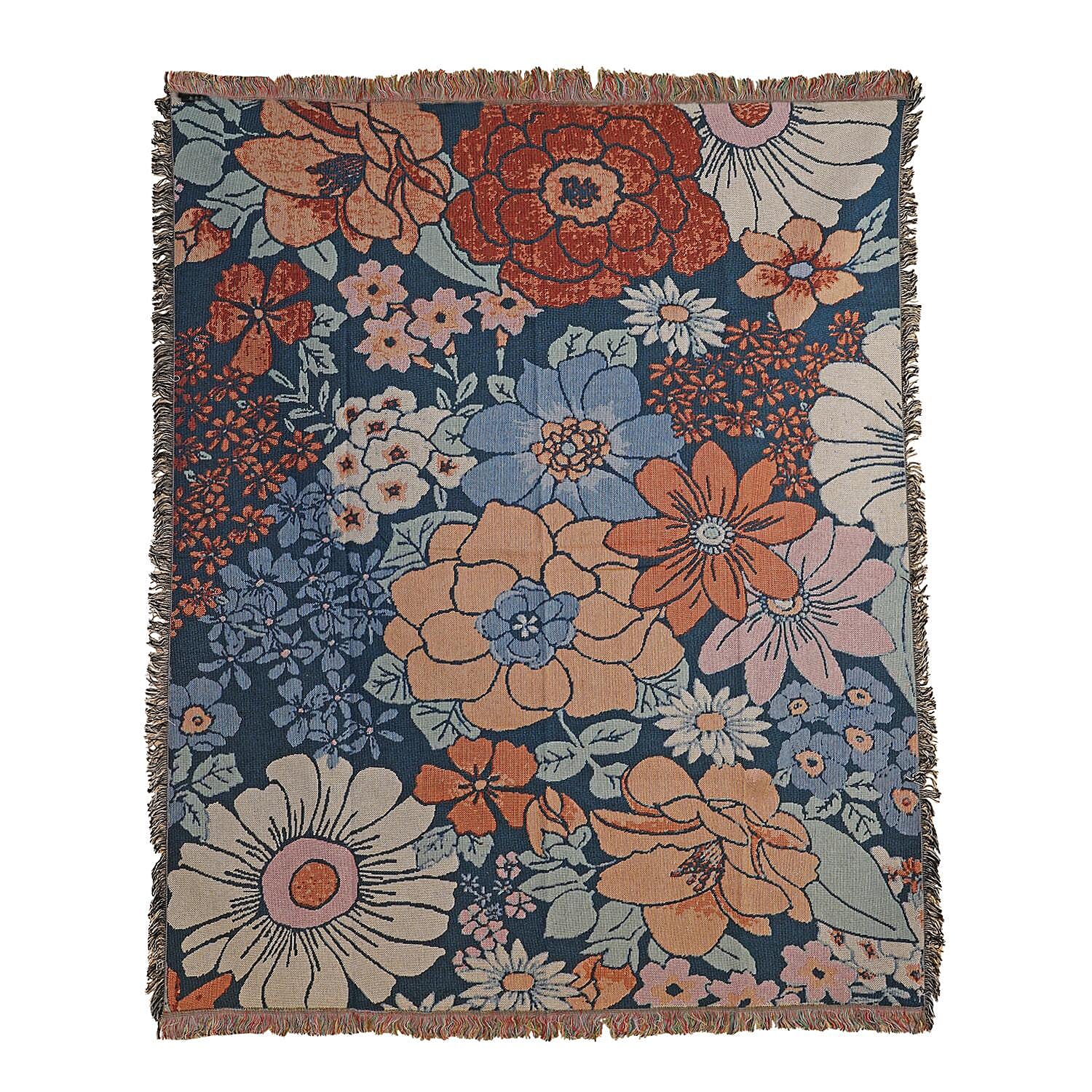 100% Cotton SOHO Design Jacquard Floral Pattern Woven Throw with Fringes (Size 152x127 Cm) - Multi