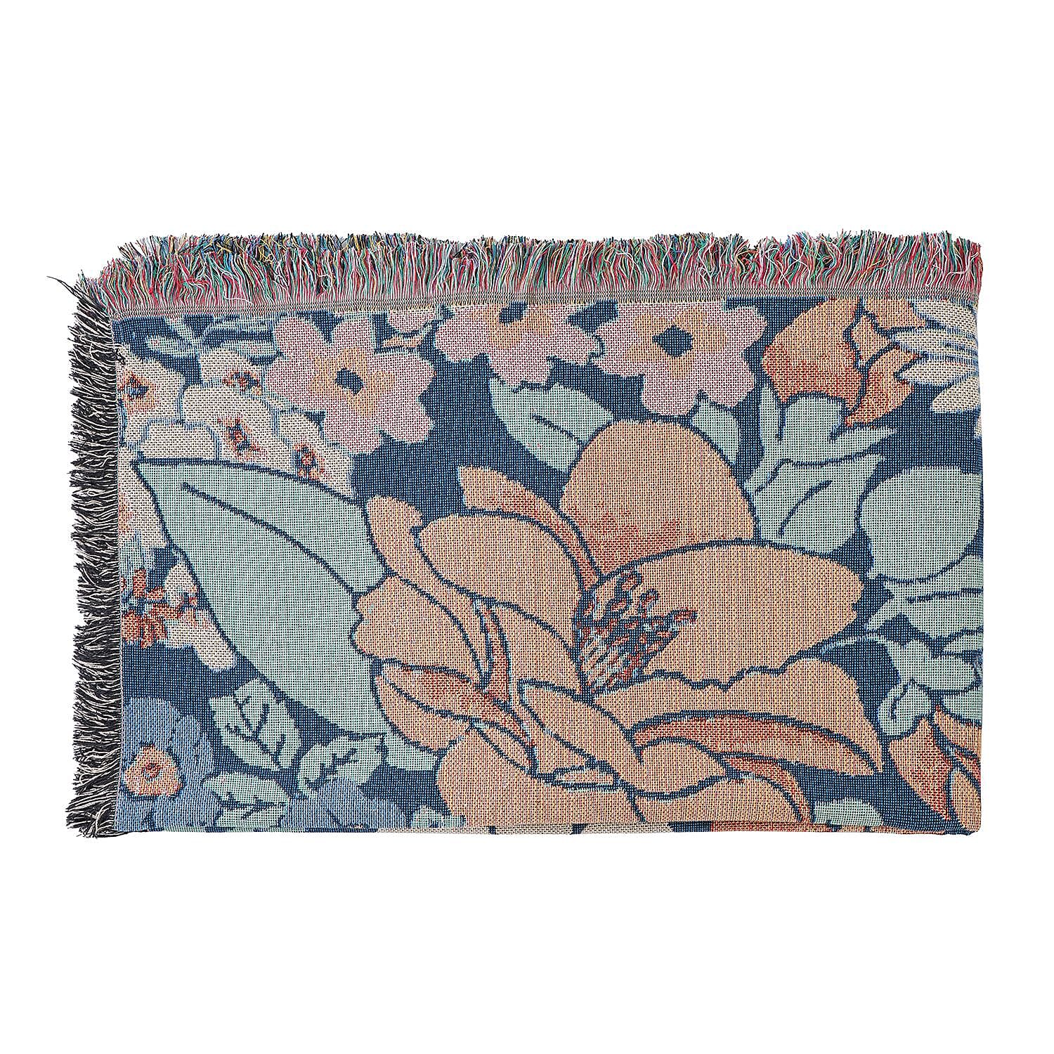 100% Cotton SOHO Design Jacquard Floral Pattern Woven Throw with Fringes (Size 152x127 Cm) - Multi