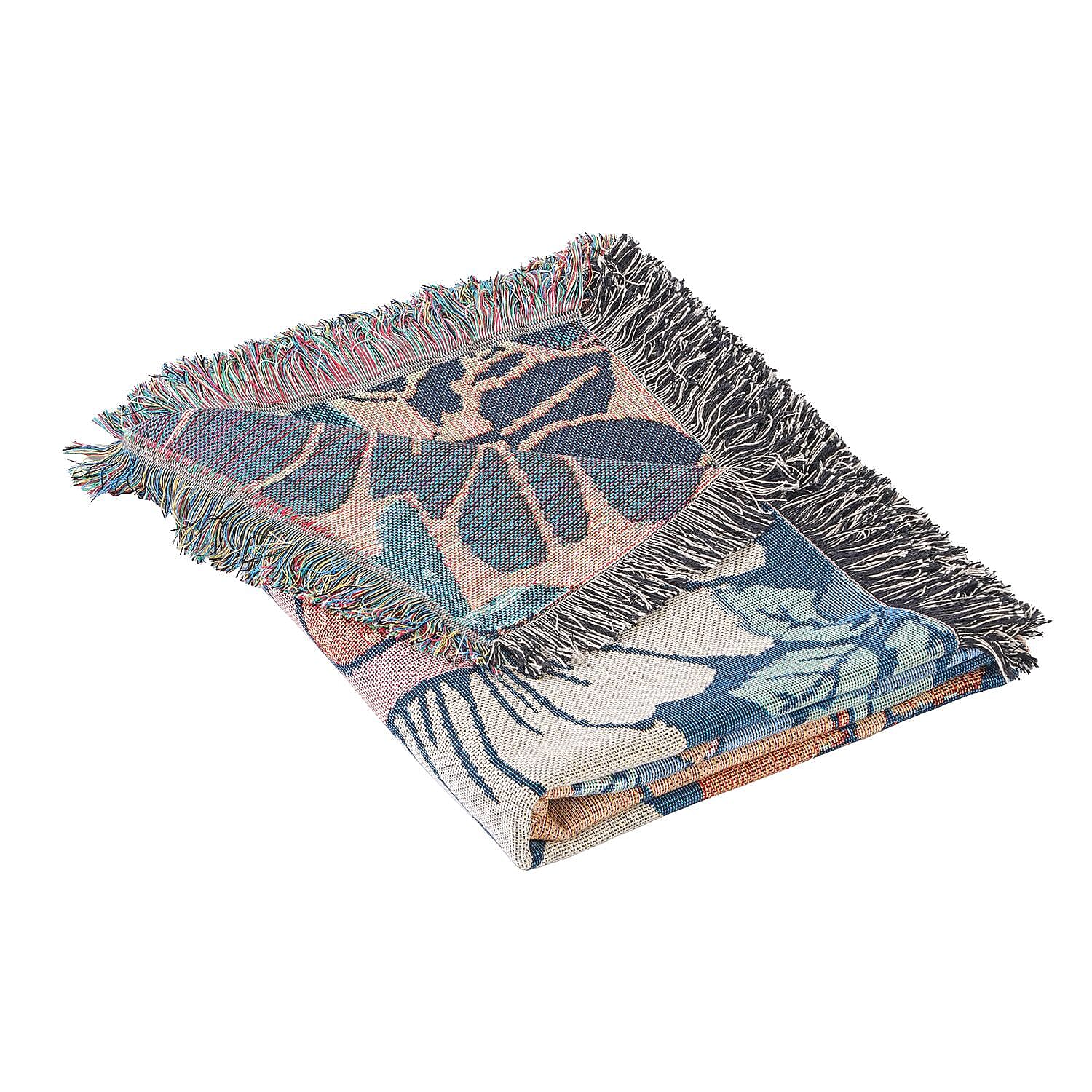 100% Cotton SOHO Design Jacquard Floral Pattern Woven Throw with Fringes (Size 152x127 Cm) - Multi