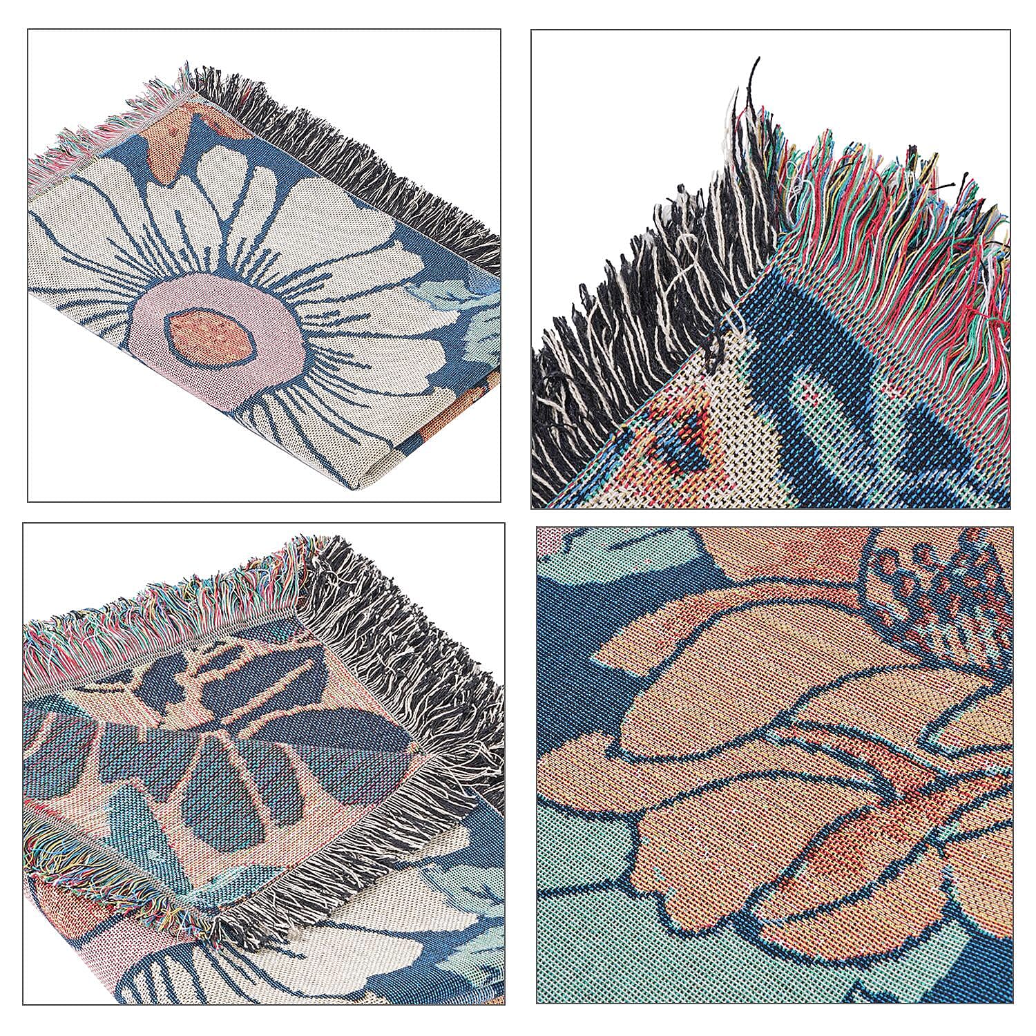 100% Cotton SOHO Design Jacquard Floral Pattern Woven Throw with Fringes (Size 152x127 Cm) - Multi