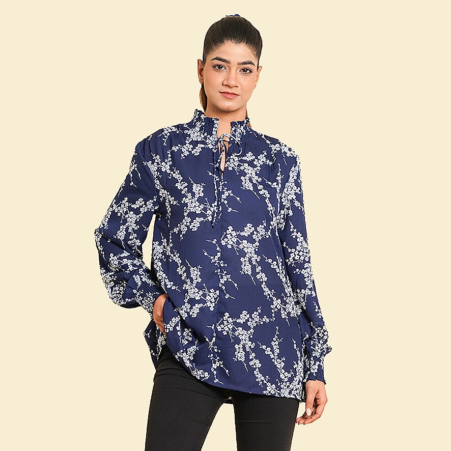 TAMSY Floral Pattern Top (Size 8) - Navy & White