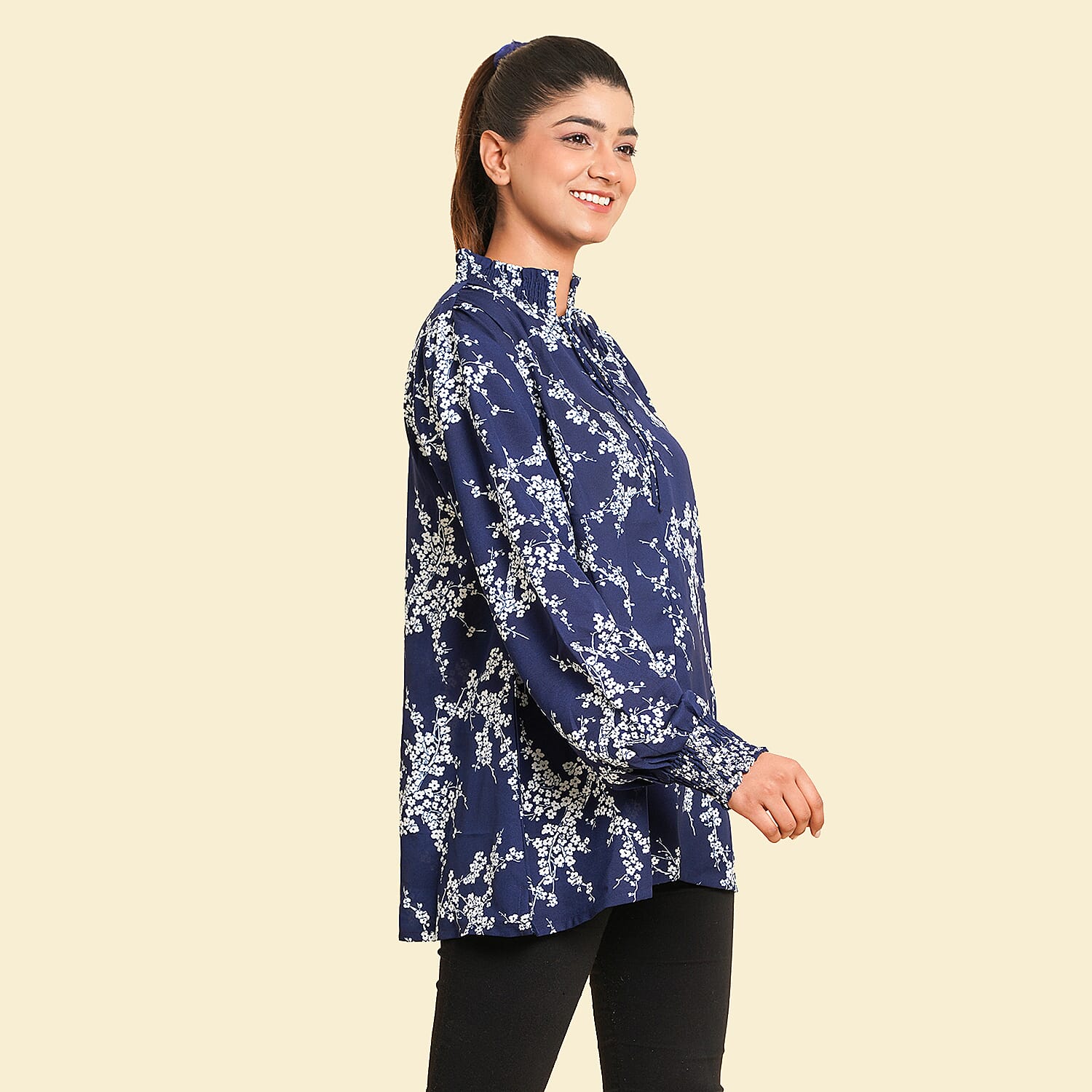 TAMSY Floral Pattern Top (Size 8) - Navy & White