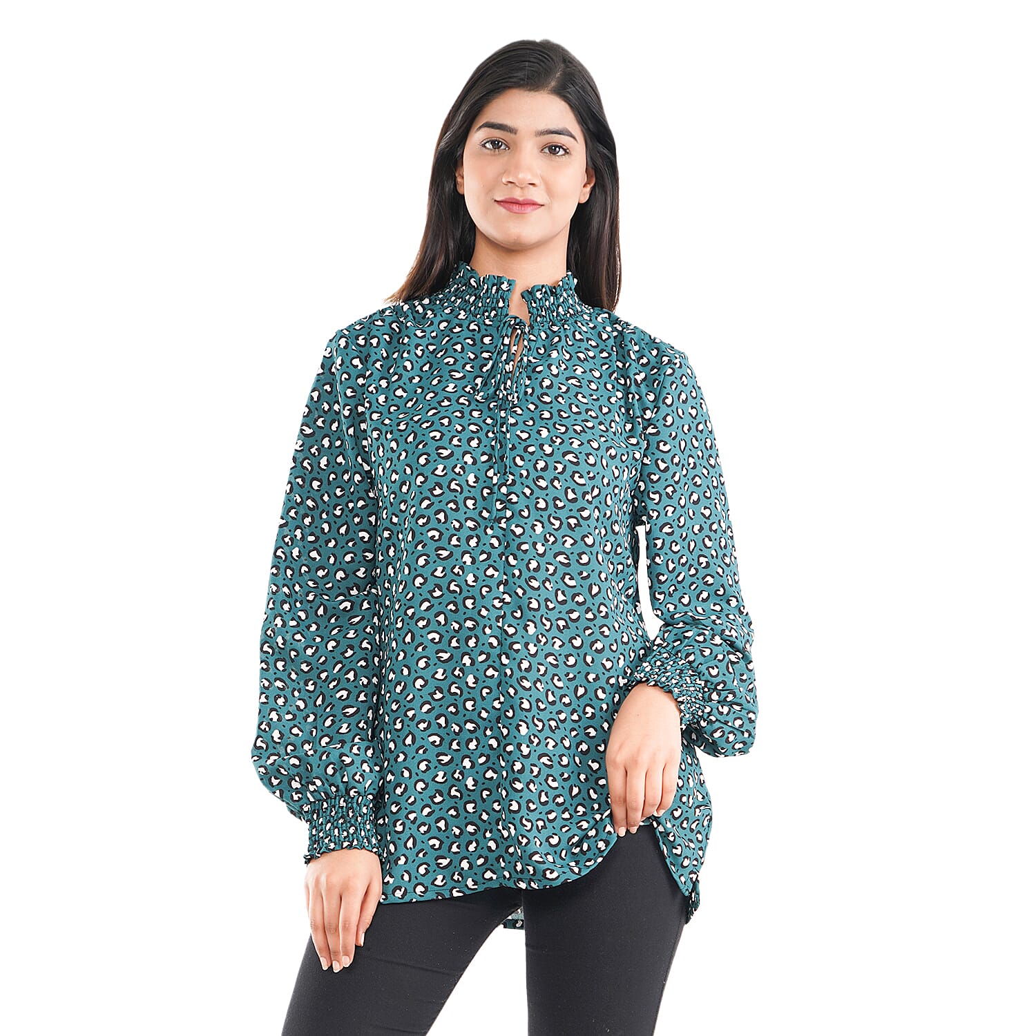 TAMSY Leopard Pattern Top (Size 14) - Green, Black & White