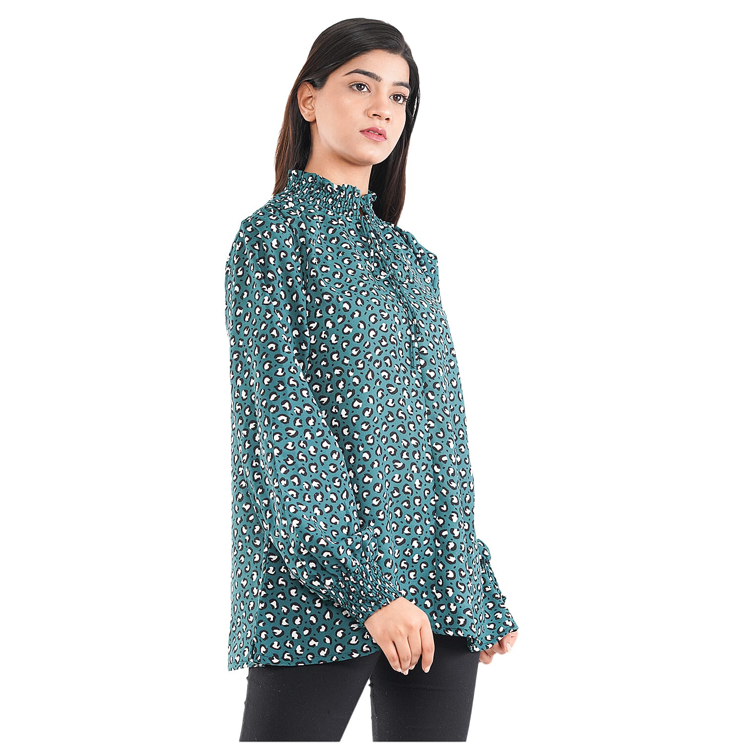 TAMSY Leopard Pattern Top (Size 14) - Green, Black & White