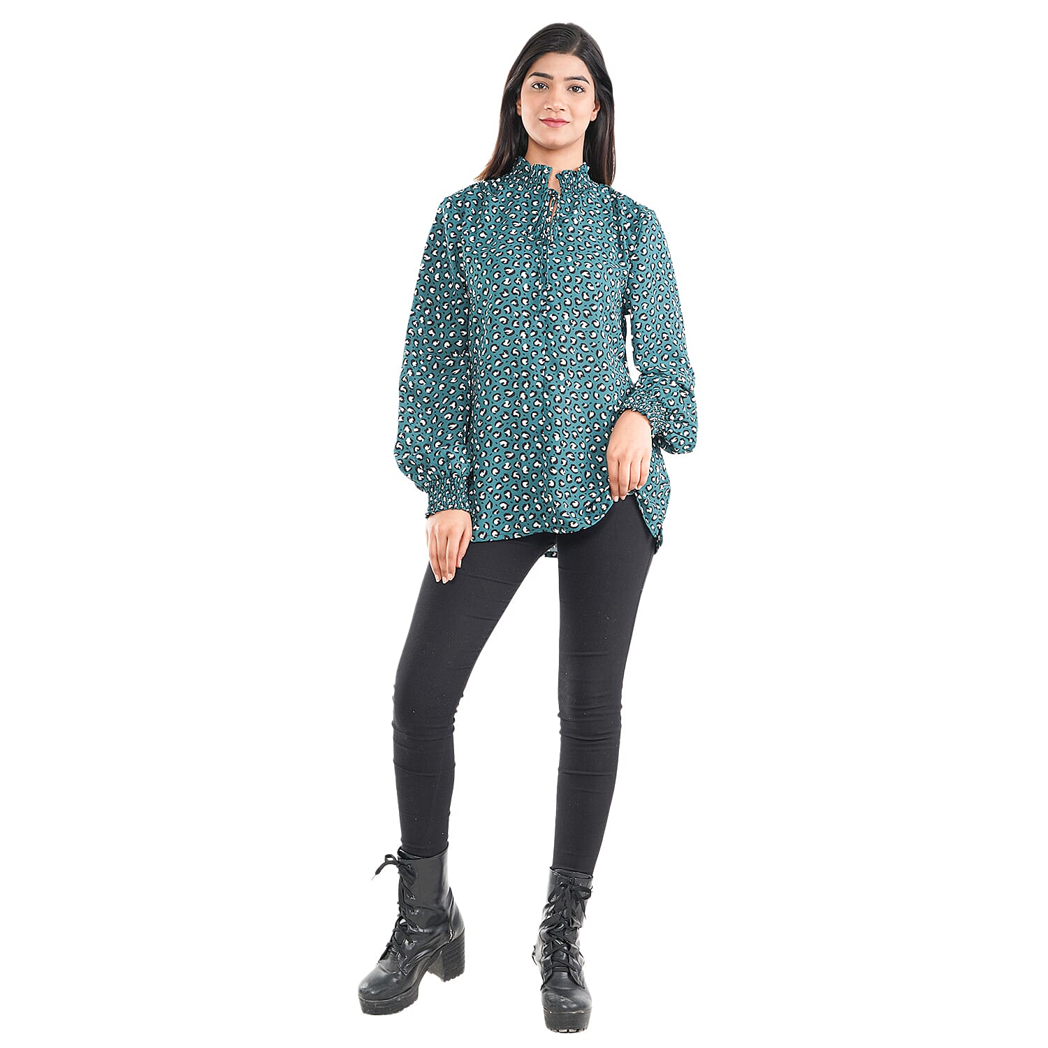 TAMSY Leopard Pattern Top (Size 14) - Green, Black & White