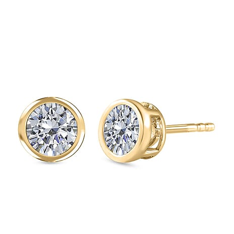 Moissanite Solitaire Stud Push Back Earrings in 18K Vermeil Yellow Gold Plated Sterling Silver 1.15 Ct.
