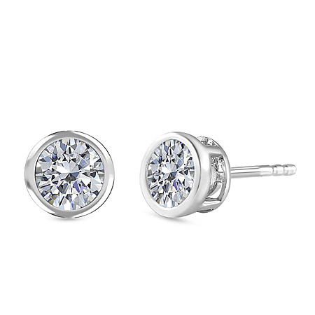 Moissanite Solitaire Stud Earrings in Sterling Silver with 18K Vermeil White Gold
