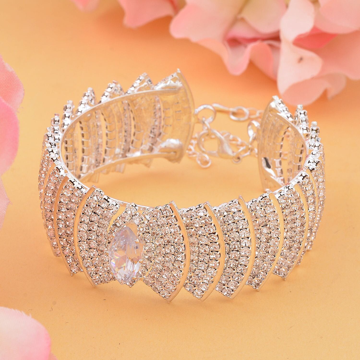 White Austrian Crystal Bangle in Silver Tone