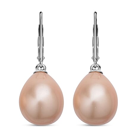Golden Shell Pearl Drop Lever Back Earrings in Rhodium Overlay Sterling Silver