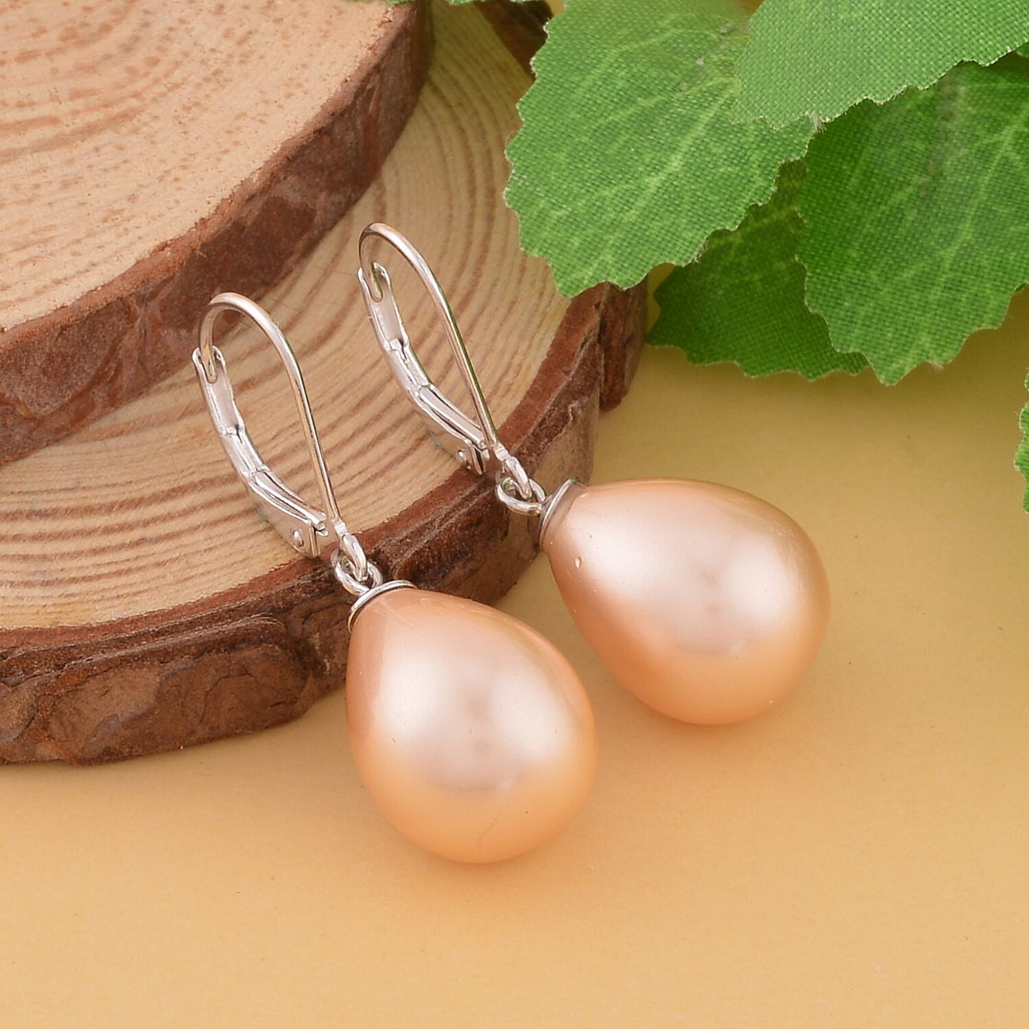 Golden Shell Pearl Drop Lever Back Earrings in Rhodium Overlay Sterling Silver