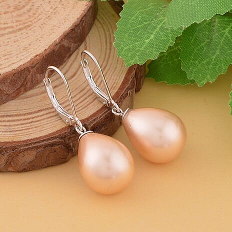 Golden Shell Pearl Drop Lever Back Earrings in Rhodium Overlay Sterling Silver
