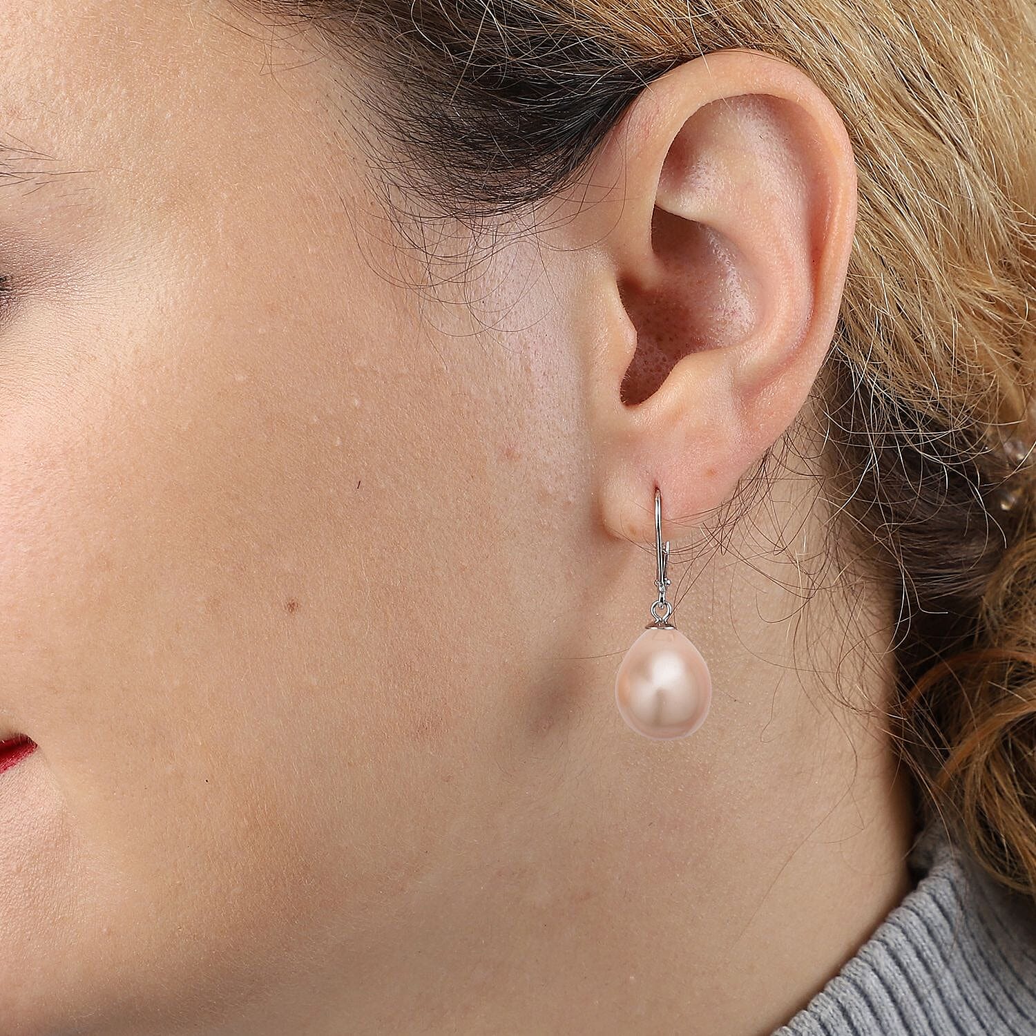 Golden Shell Pearl Drop Lever Back Earrings in Rhodium Overlay Sterling Silver