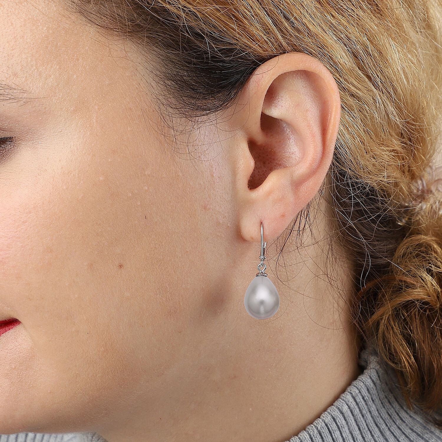 Grey Shell Pearl Drop Lever Back Earrings With Lever Back in Rhodium Overlay Sterling Silver 27.00 Ct.